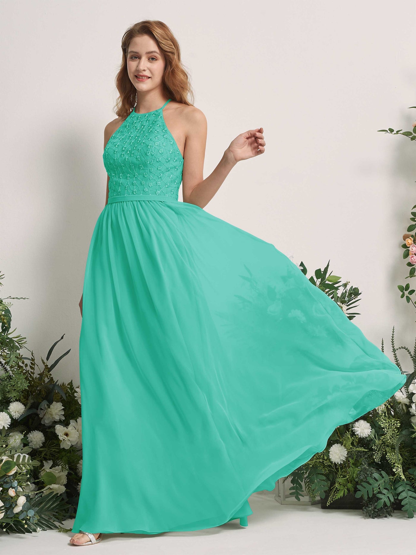 Carlyna Robe trapèze col rond longueur ras du sol robes de demoiselle d'honneur Bleu Tiffany #couleur_bleu-tiffany
