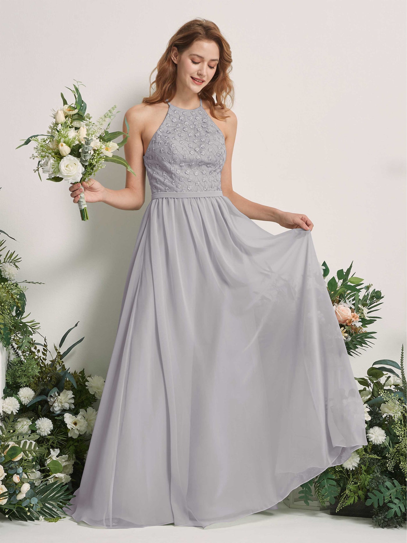 Carlyna Robe trapèze col rond longueur ras du sol robes de demoiselle d'honneur Gris Boussole #couleur_gris-boussole