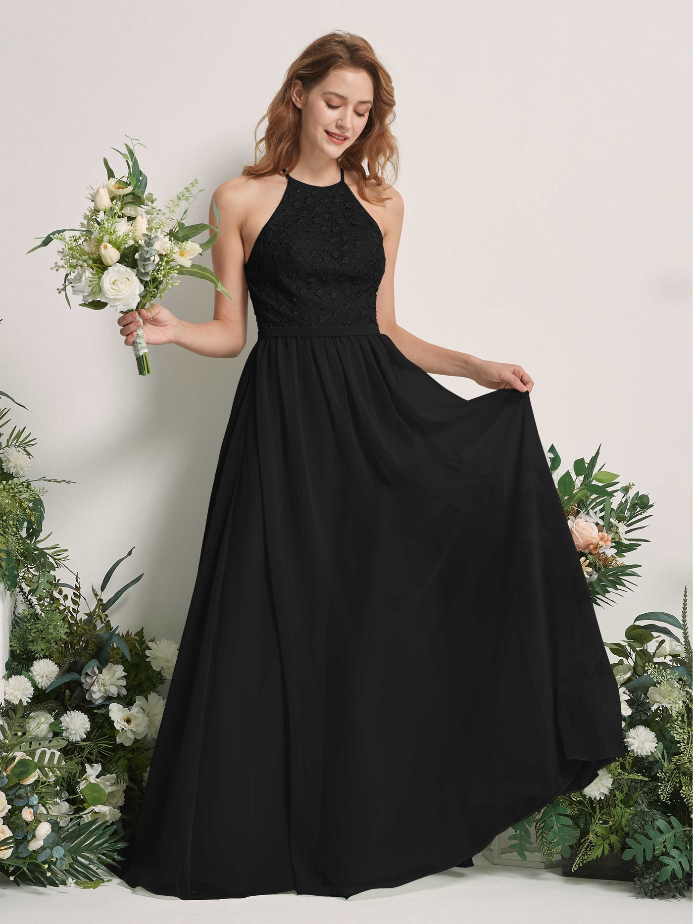 Carlyna Robe trapèze col rond longueur ras du sol robes de demoiselle d'honneur Noir #couleur_noir