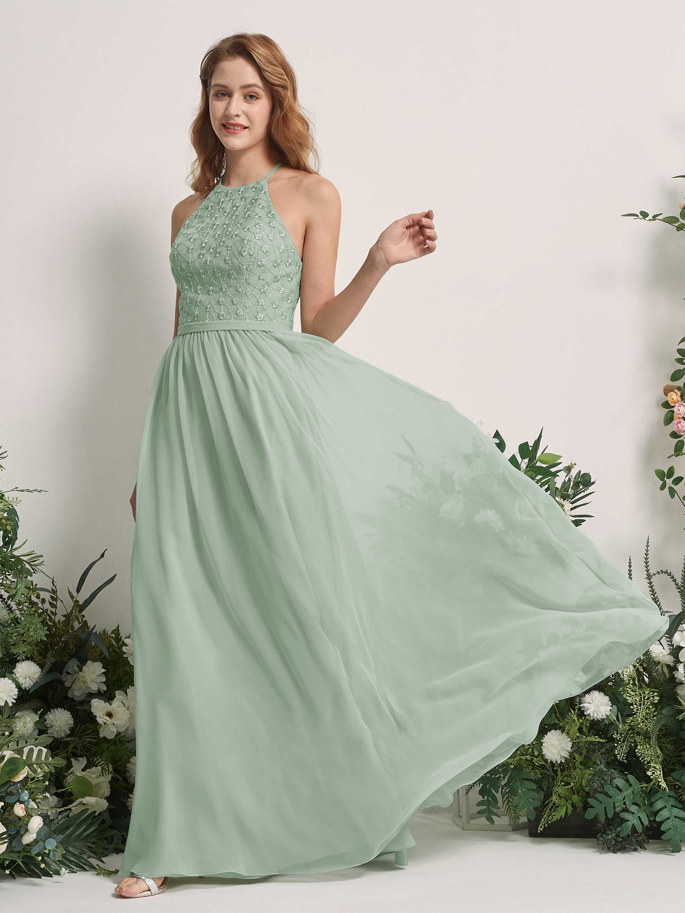 Carlyna Robe trapèze col rond longueur ras du sol robes de demoiselle d'honneur Vert Sauge Foncé #couleur_vert-sauge-fonc
