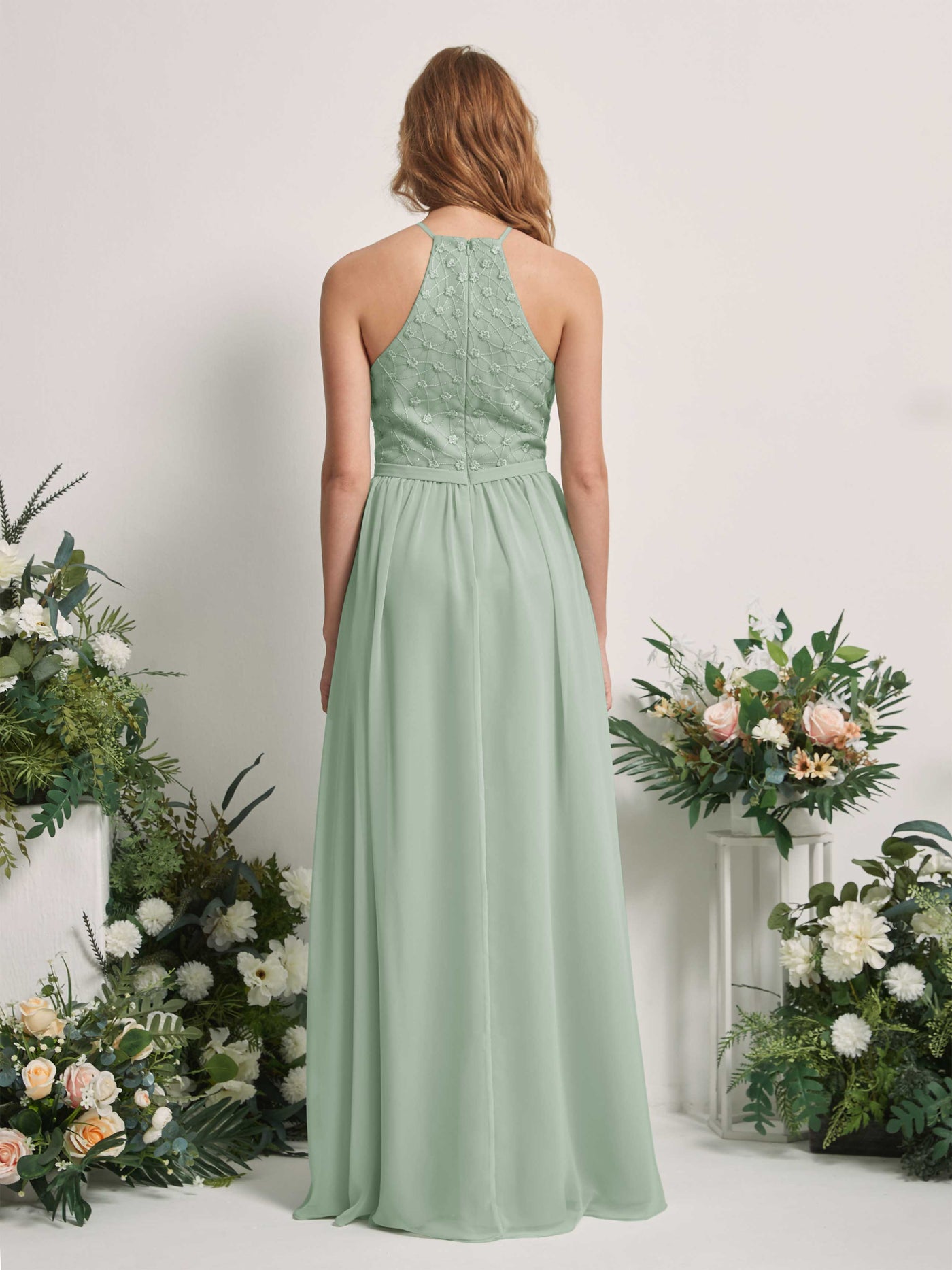 Carlyna Robe trapèze col rond longueur ras du sol robes de demoiselle d'honneur Vert Sauge Foncé #couleur_vert-sauge-fonc