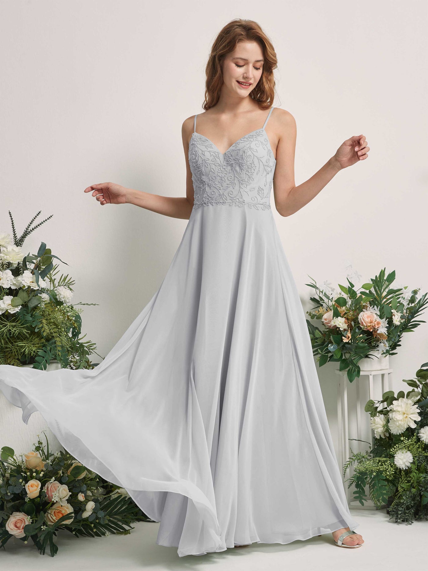 Carlyna Robe trapèze Col V Bretelles spaghetti Longueur ras du sol Demoiselle d'honneur Argent #couleur_argent