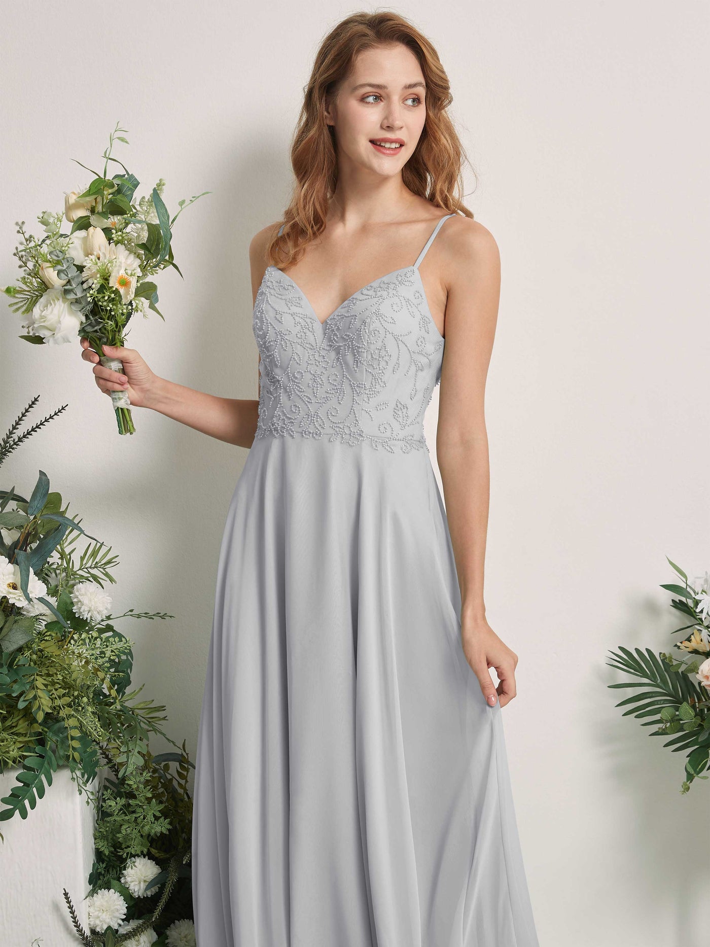 Carlyna Robe trapèze Col V Bretelles spaghetti Longueur ras du sol Demoiselle d'honneur Argent #couleur_argent