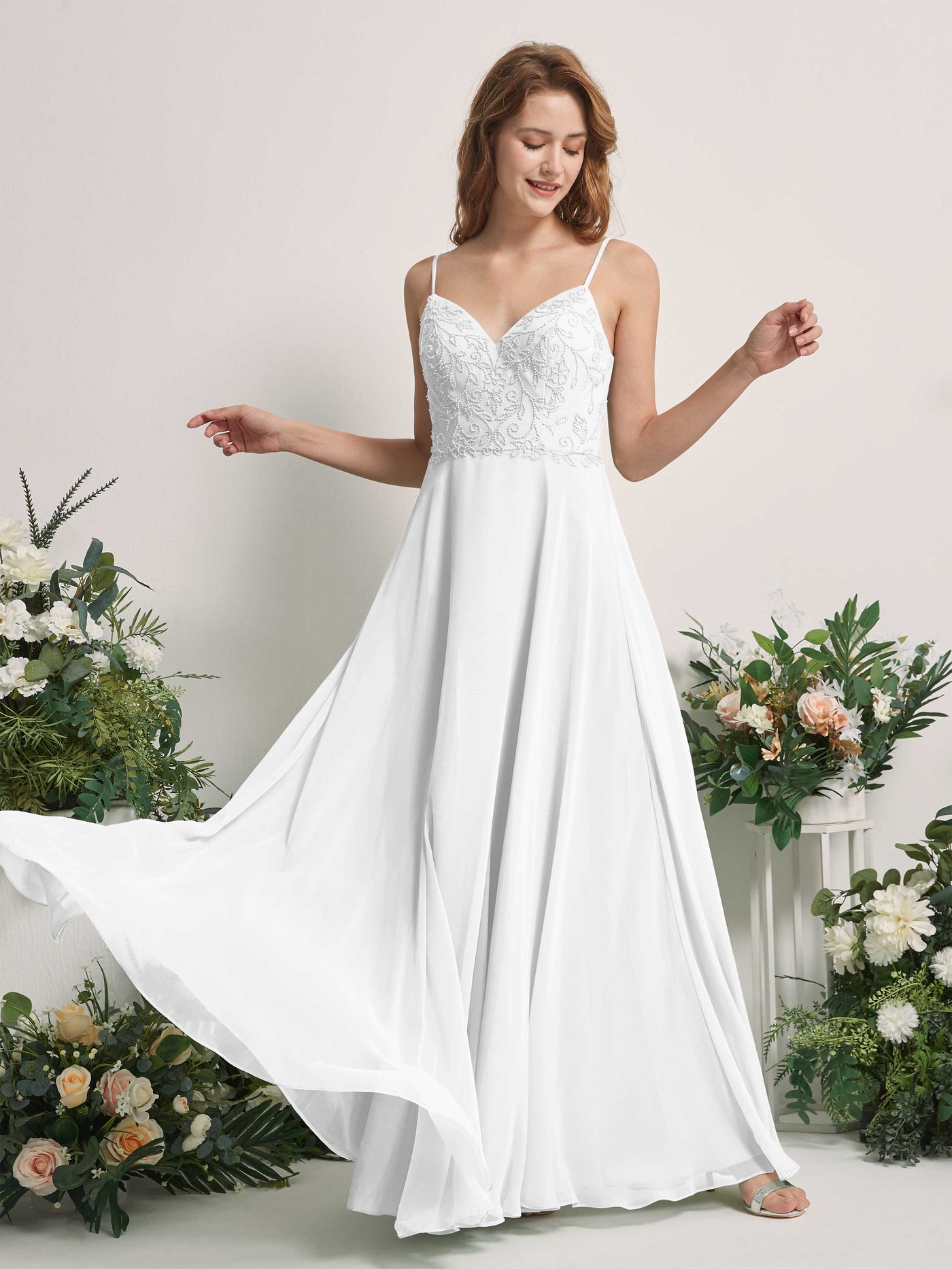 Carlyna Robe trapèze Col V Bretelles spaghetti Longueur ras du sol Demoiselle d'honneur Blanc #couleur_blanc
