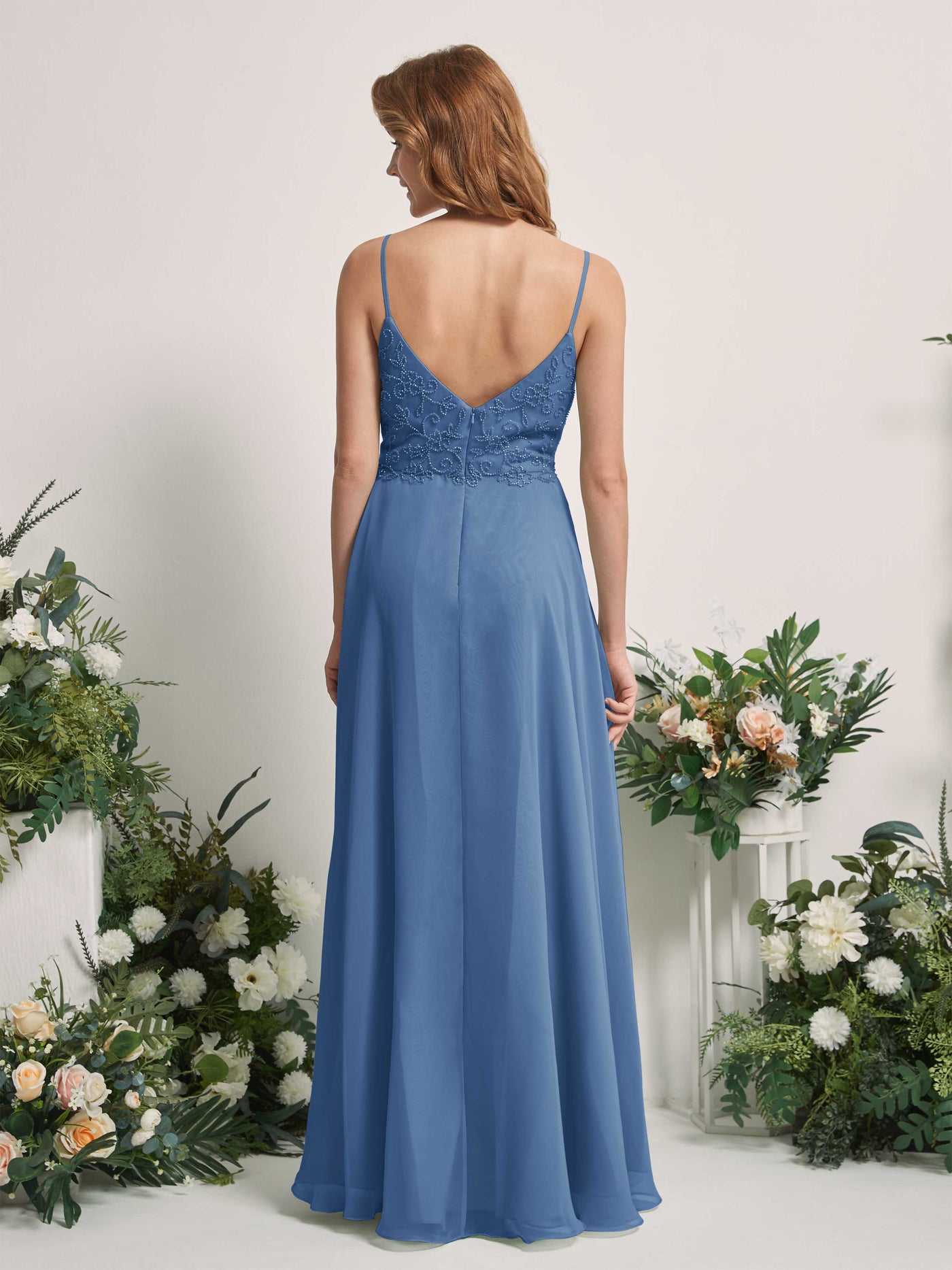 Carlyna Robe trapèze Col V Bretelles spaghetti Longueur ras du sol Demoiselle d'honneur Bleu Poussiéreux #couleur_bleu-poussi-reux
