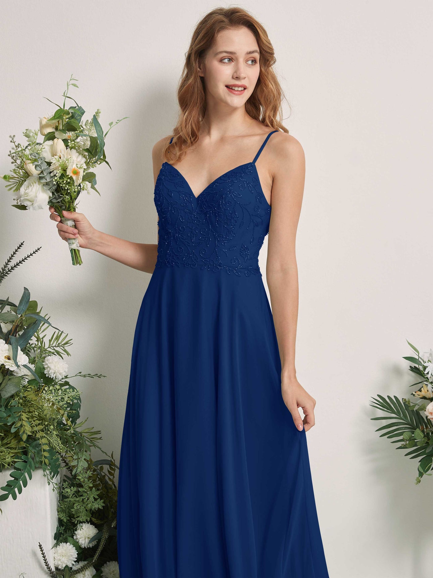 Carlyna Robe trapèze Col V Bretelles spaghetti Longueur ras du sol Demoiselle d'honneur Bleu Roi #couleur_bleu-roi