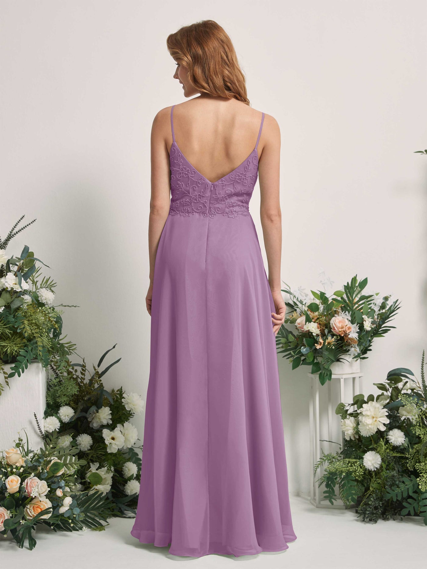 Carlyna Robe trapèze Col V Bretelles spaghetti Longueur ras du sol Demoiselle d'honneur Brume Orchidée #couleur_brume-orchid-e