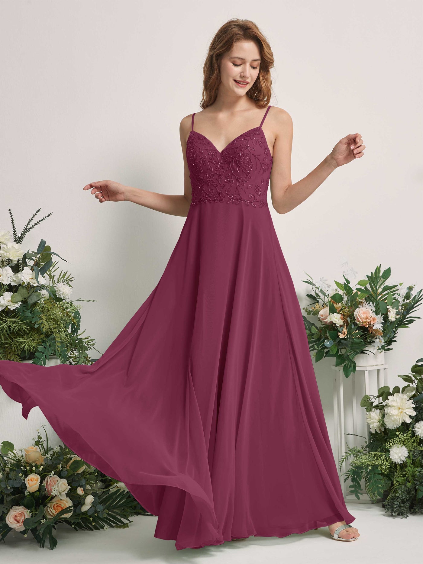 Carlyna Robe trapèze Col V Bretelles spaghetti Longueur ras du sol Demoiselle d'honneur Chianti #couleur_chianti