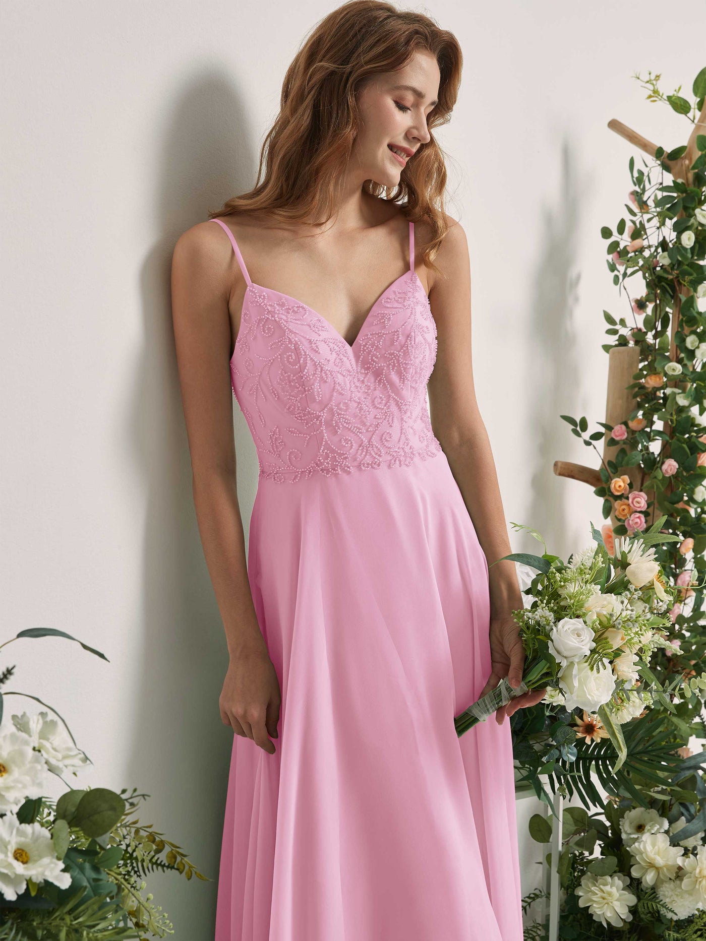 Carlyna Robe trapèze Col V Bretelles spaghetti Longueur ras du sol Demoiselle d'honneur Rose Bonbon #couleur_rose-bonbon