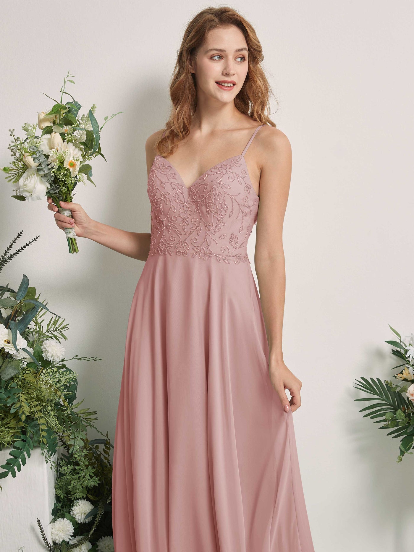 Carlyna Robe trapèze Col V Bretelles spaghetti Longueur ras du sol Demoiselle d'honneur Rose Poussiéreux #couleur_rose-poussi-reux