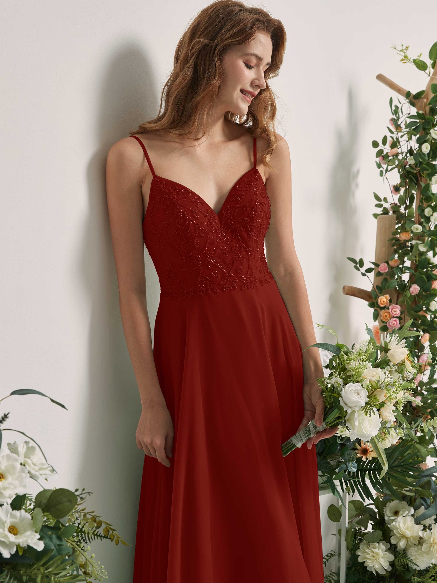 Carlyna Robe trapèze Col V Bretelles spaghetti Longueur ras du sol Demoiselle d'honneur Rouille #couleur_rouille