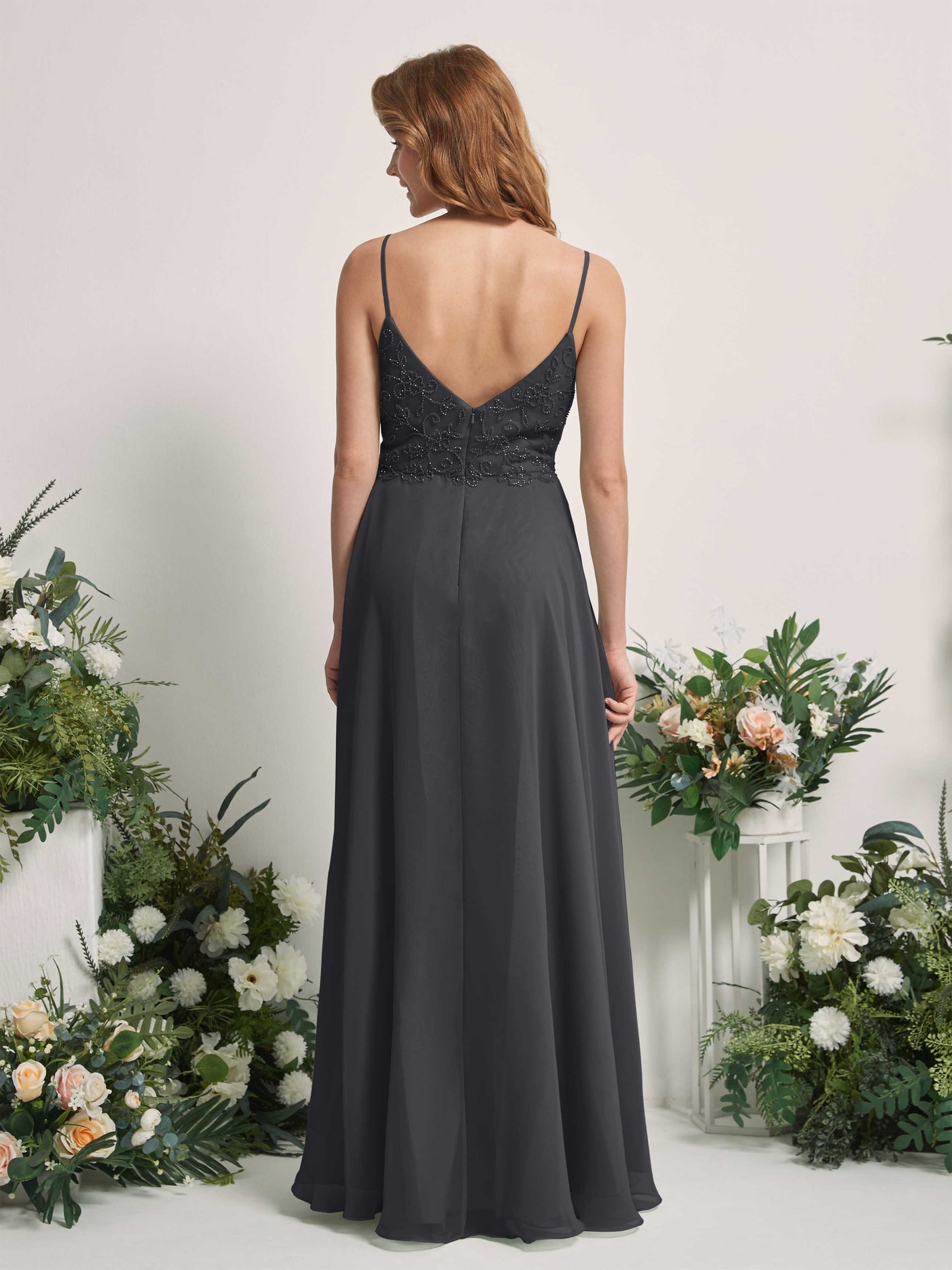 Carlyna Robe trapèze Col V Bretelles spaghetti Longueur ras du sol Demoiselle d'honneur Étain #couleur_tain
