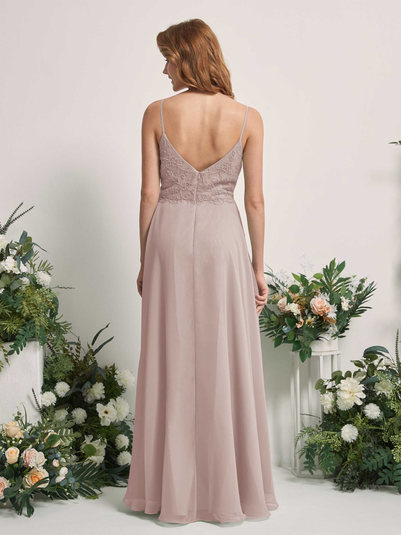 Carlyna Robe trapèze Col V Bretelles spaghetti Longueur ras du sol Demoiselle d'honneur Taupe #couleur_taupe
