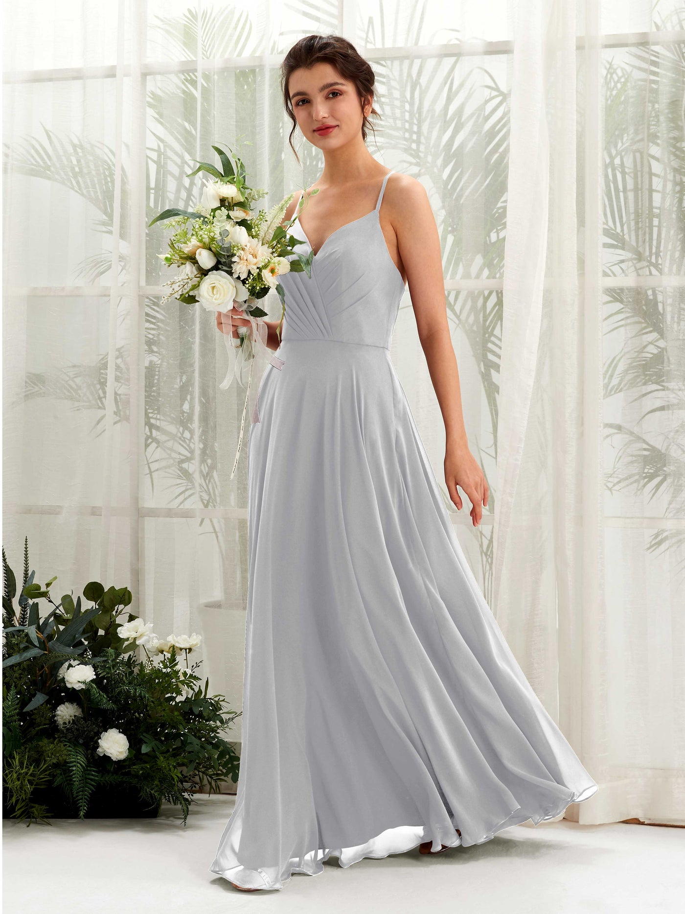 Carlyna Robe trapèze col V bretelles spaghetti longueur ras du sol robe de demoiselle d'honneur Argent #couleur_argent