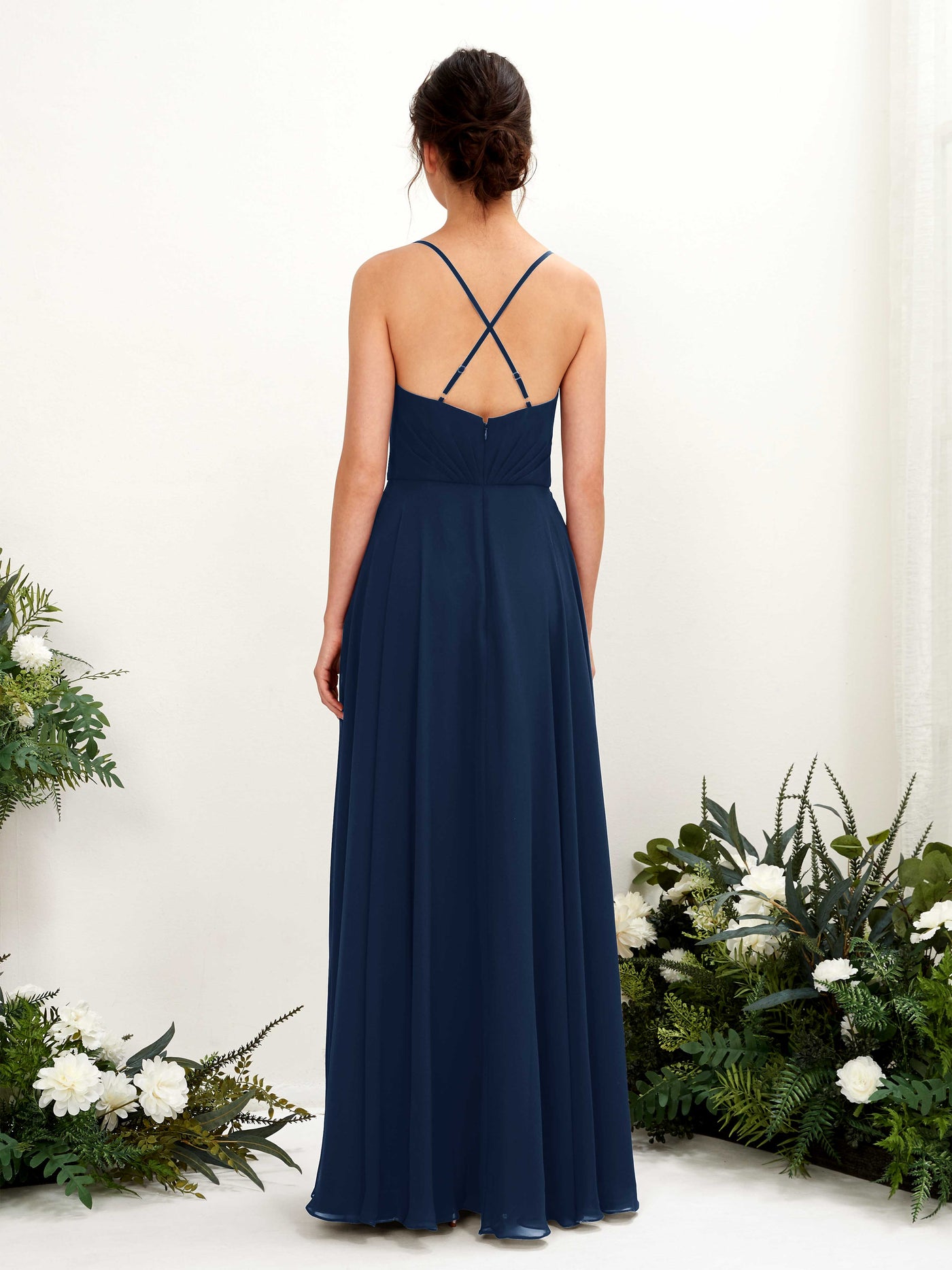 Carlyna Robe trapèze col V bretelles spaghetti longueur ras du sol robe de demoiselle d'honneur Bleu Marine #couleur_bleu-marine