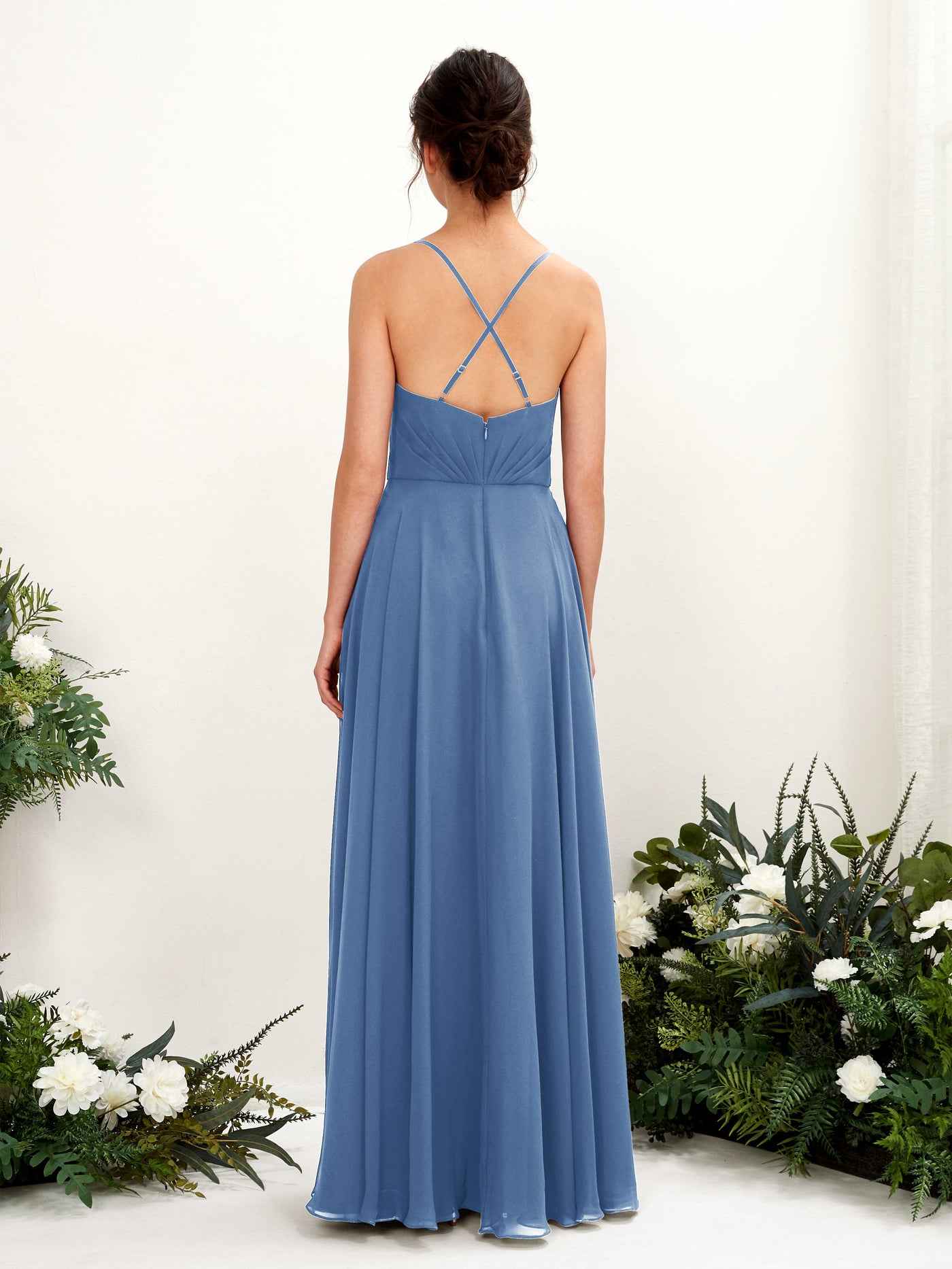 Carlyna Robe trapèze col V bretelles spaghetti longueur ras du sol robe de demoiselle d'honneur Bleu Poussiéreux #couleur_bleu-poussi-reux