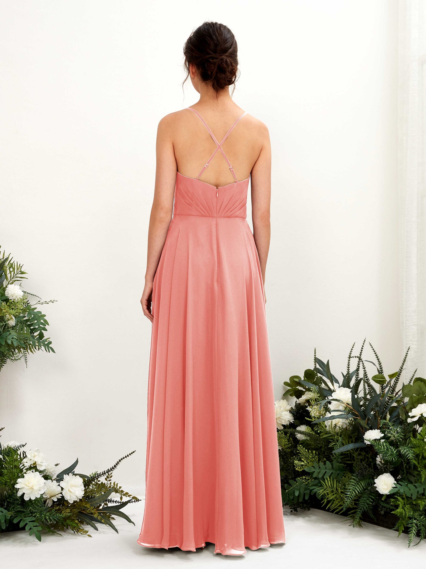 Carlyna Robe trapèze col V bretelles spaghetti longueur ras du sol robe de demoiselle d'honneur Rose Pêche #couleur_rose-p-che