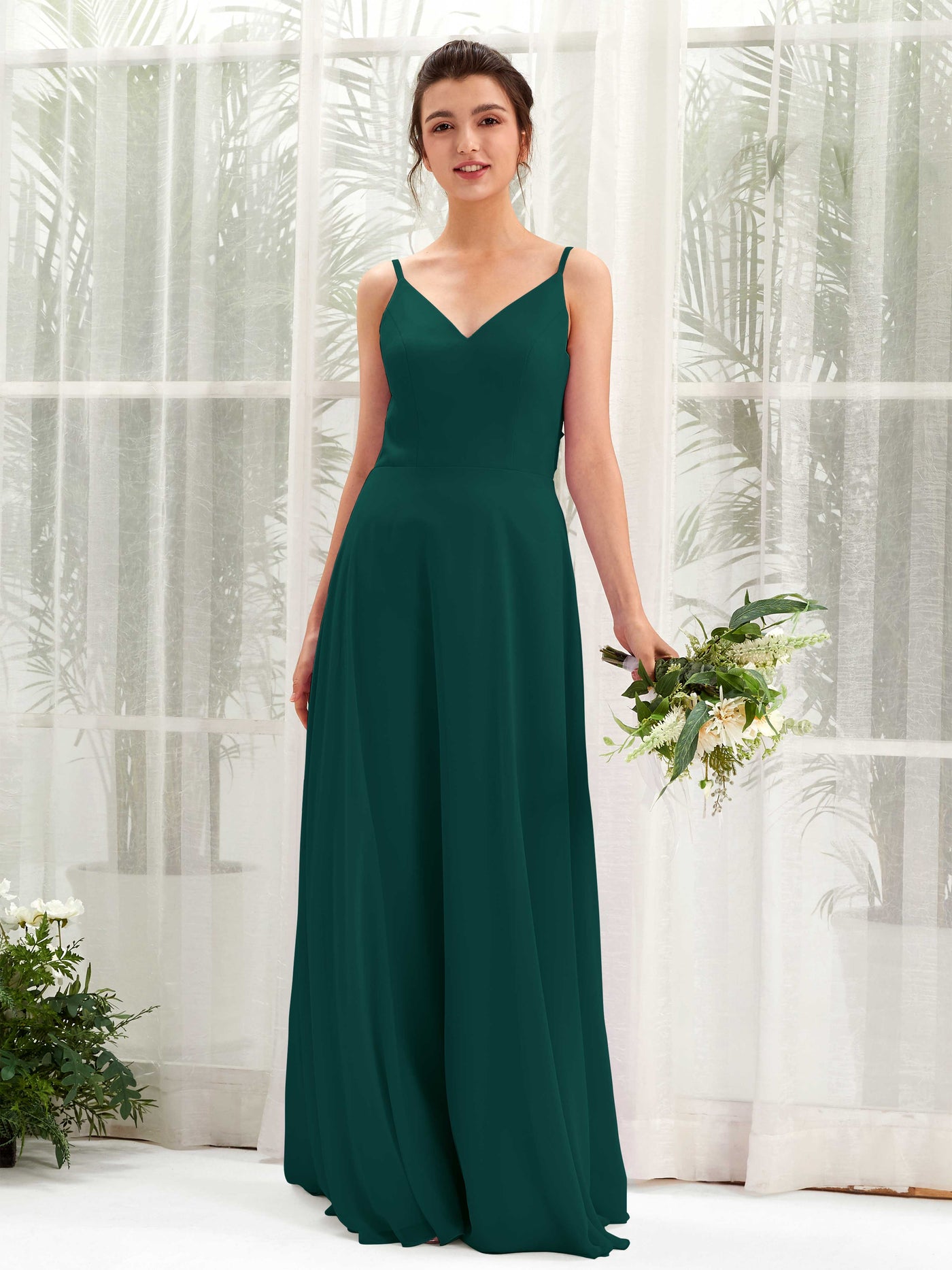 Carlyna Robe trapèze col V bretelles spaghetti robe demoiselle d'honneur Émeraude Foncé #couleur_meraude-fonc