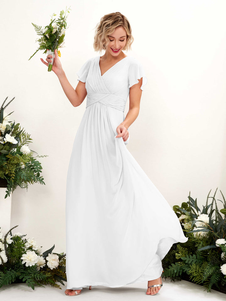 Carlyna Robe trapèze col V encolure croisée manches papillon longueur ras du sol Blanc 