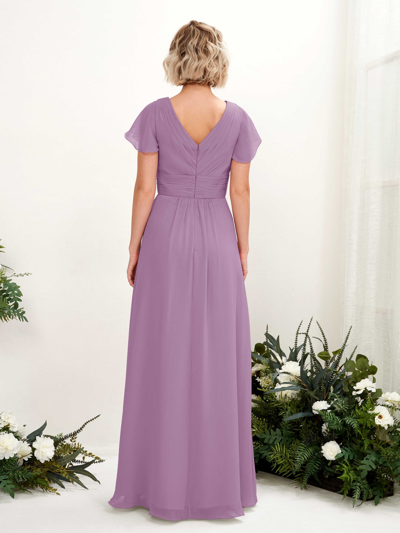 Carlyna Robe trapèze col V encolure croisée manches papillon longueur ras du sol Brume Orchidée #couleur_brume-orchid-e