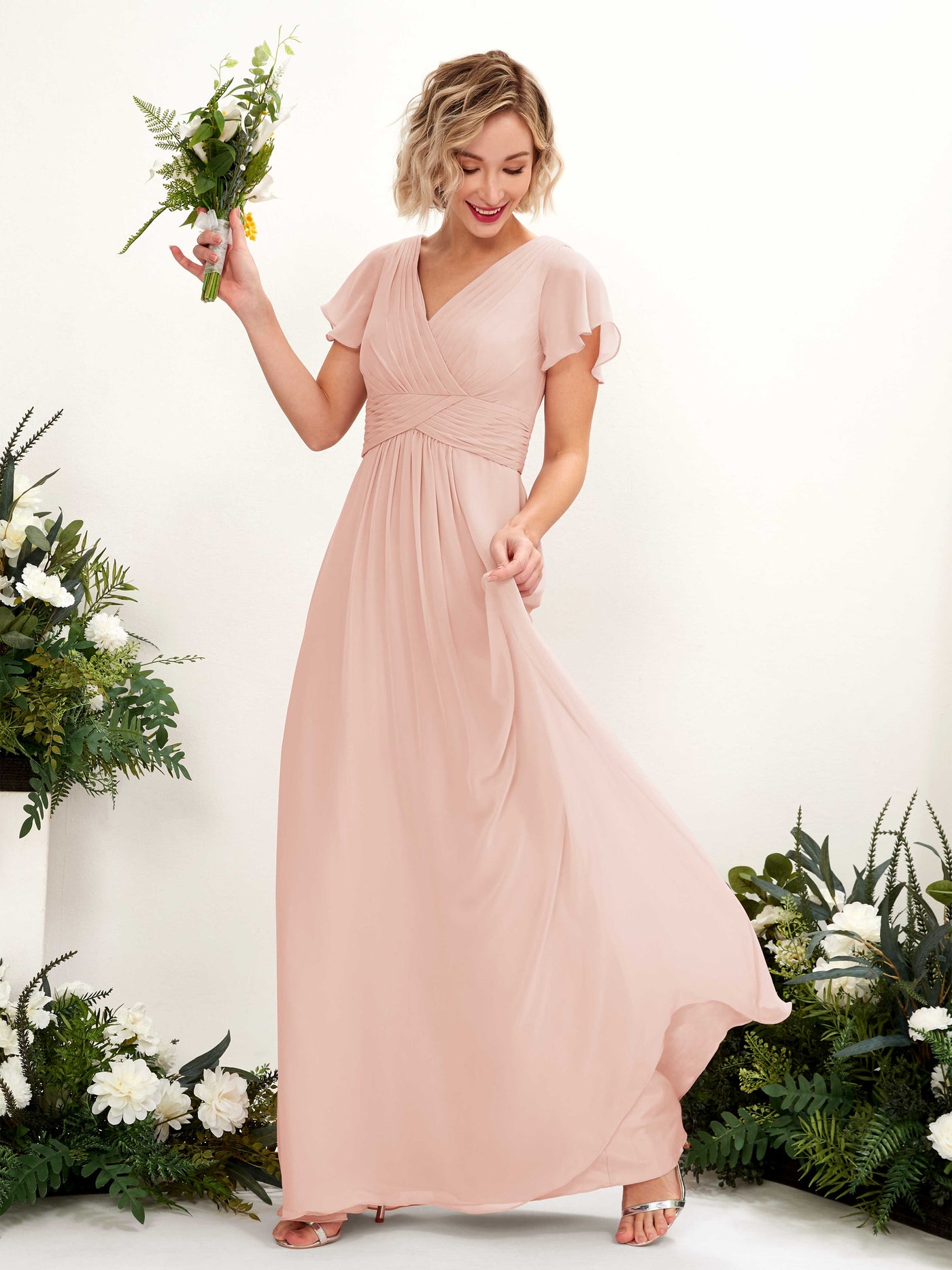 Carlyna Robe trapèze col V encolure croisée manches papillon longueur ras du sol Rose Perle #couleur_rose-perle