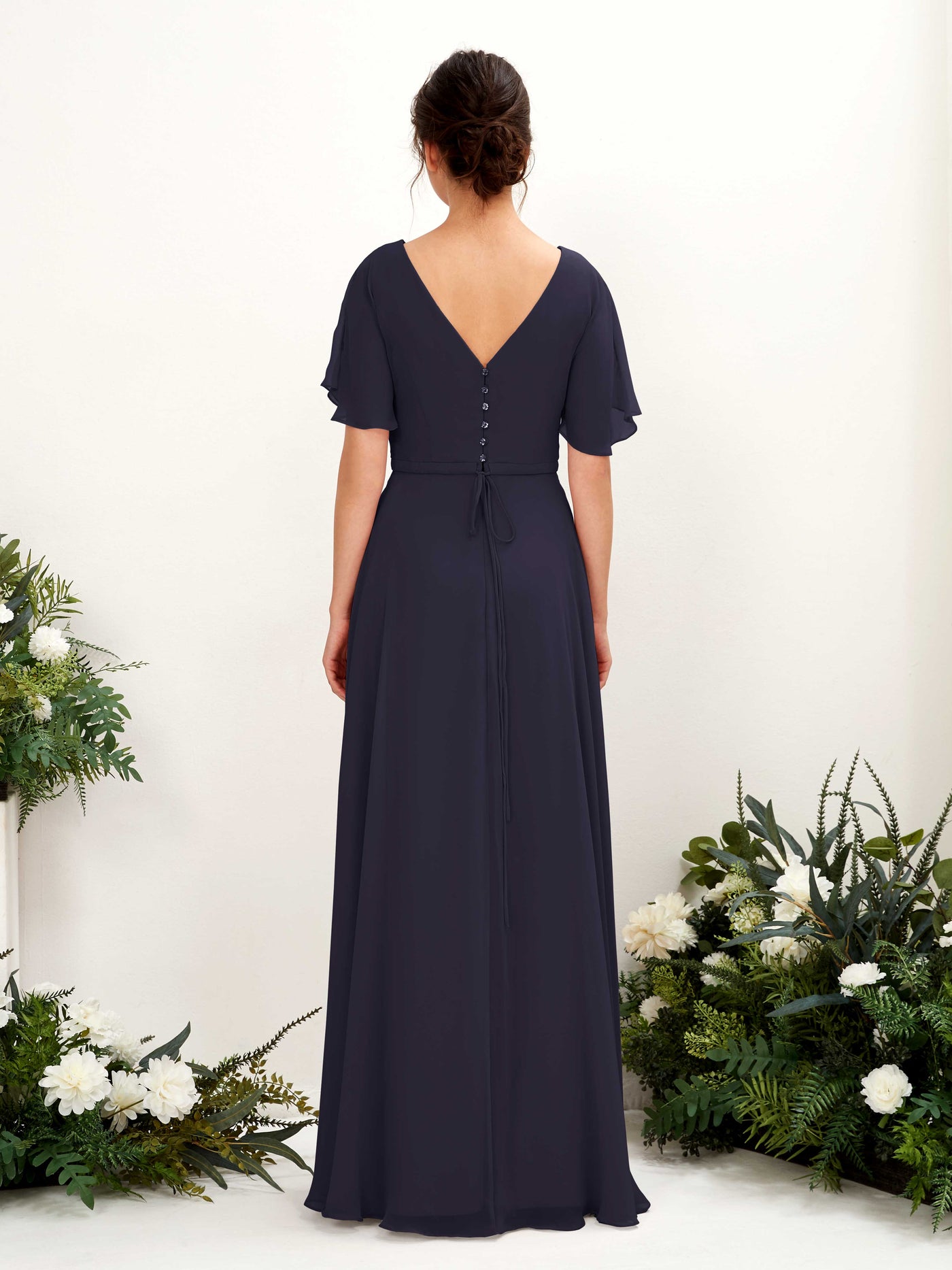 Carlyna Robe trapèze Col V Encolure croisée Manches papillon Longueur ras du sol Robes de demoiselle d'honneur Bleu Marine Foncé #couleur_bleu-marine-fonc