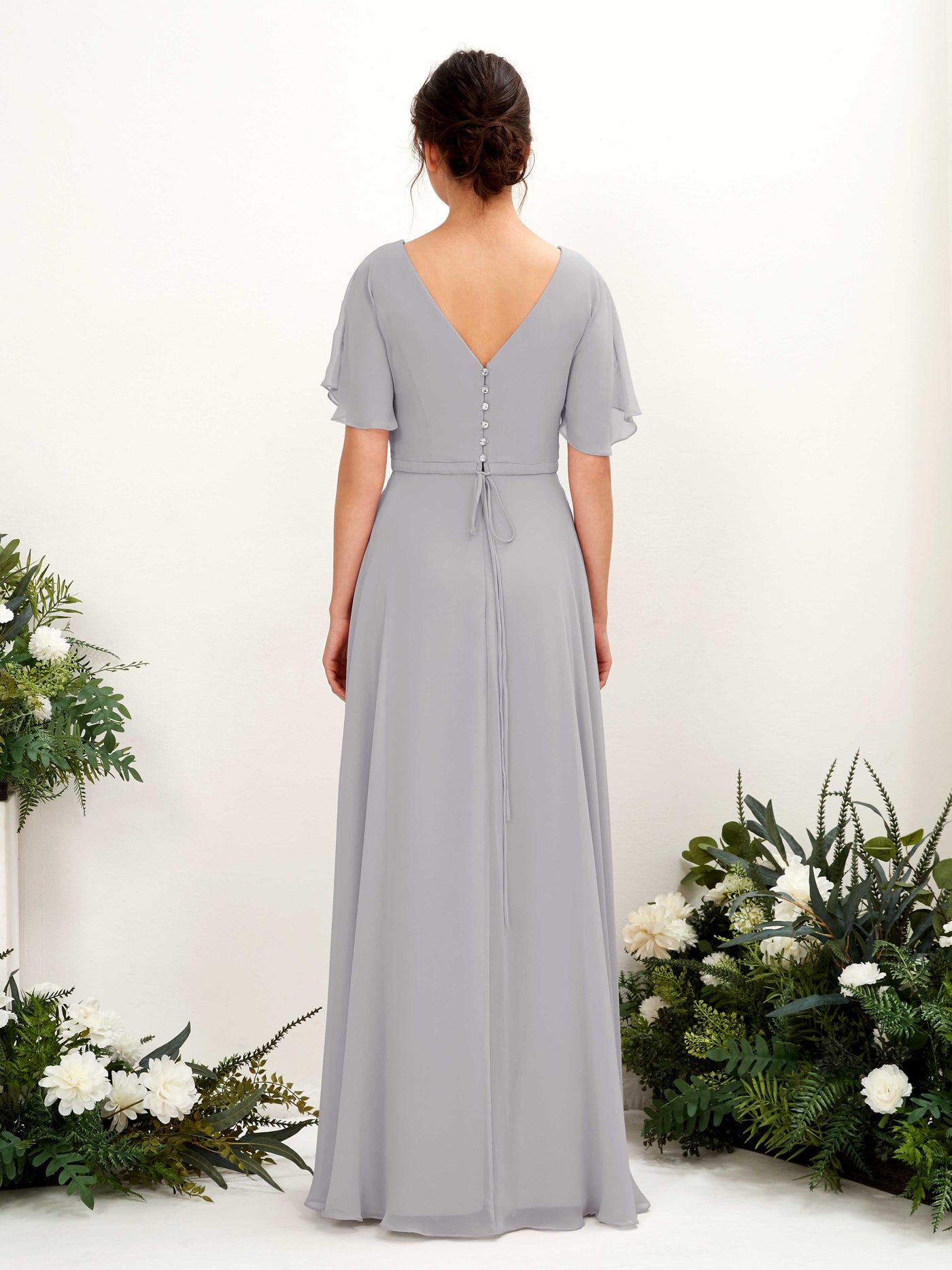 Carlyna Robe trapèze Col V Encolure croisée Manches papillon Longueur ras du sol Robes de demoiselle d'honneur Gris Boussole #couleur_gris-boussole