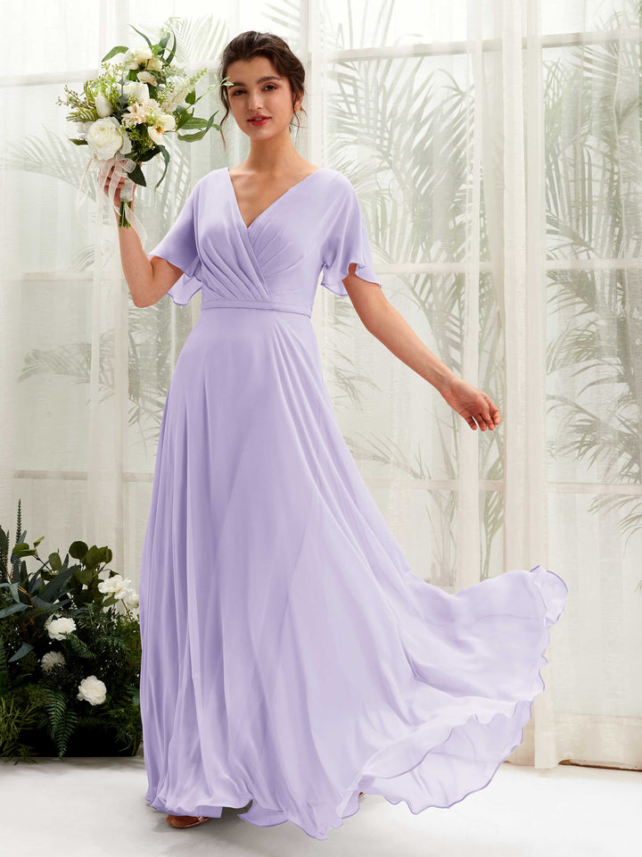 Carlyna Robe trapèze Col V Encolure croisée Manches papillon Longueur ras du sol Robes de demoiselle d&