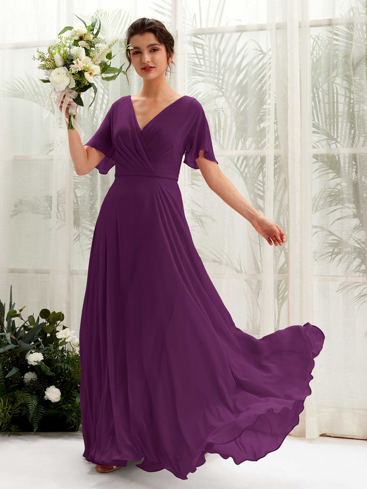 Carlyna Robe trapèze Col V Encolure croisée Manches papillon Longueur ras du sol Robes de demoiselle d&