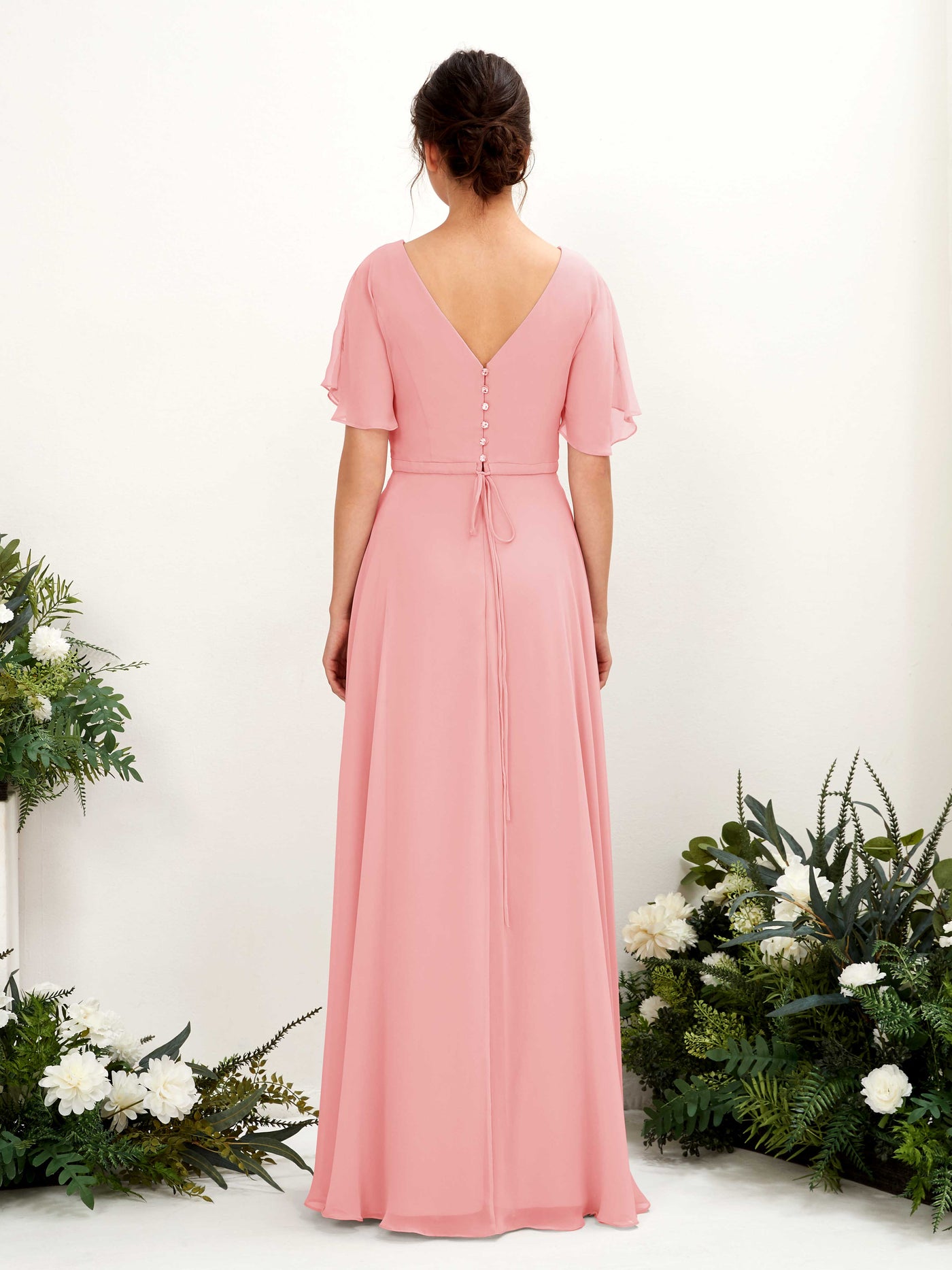 Carlyna Robe trapèze Col V Encolure croisée Manches papillon Longueur ras du sol Robes de demoiselle d'honneur Rose Ballet #couleur_rose-ballet