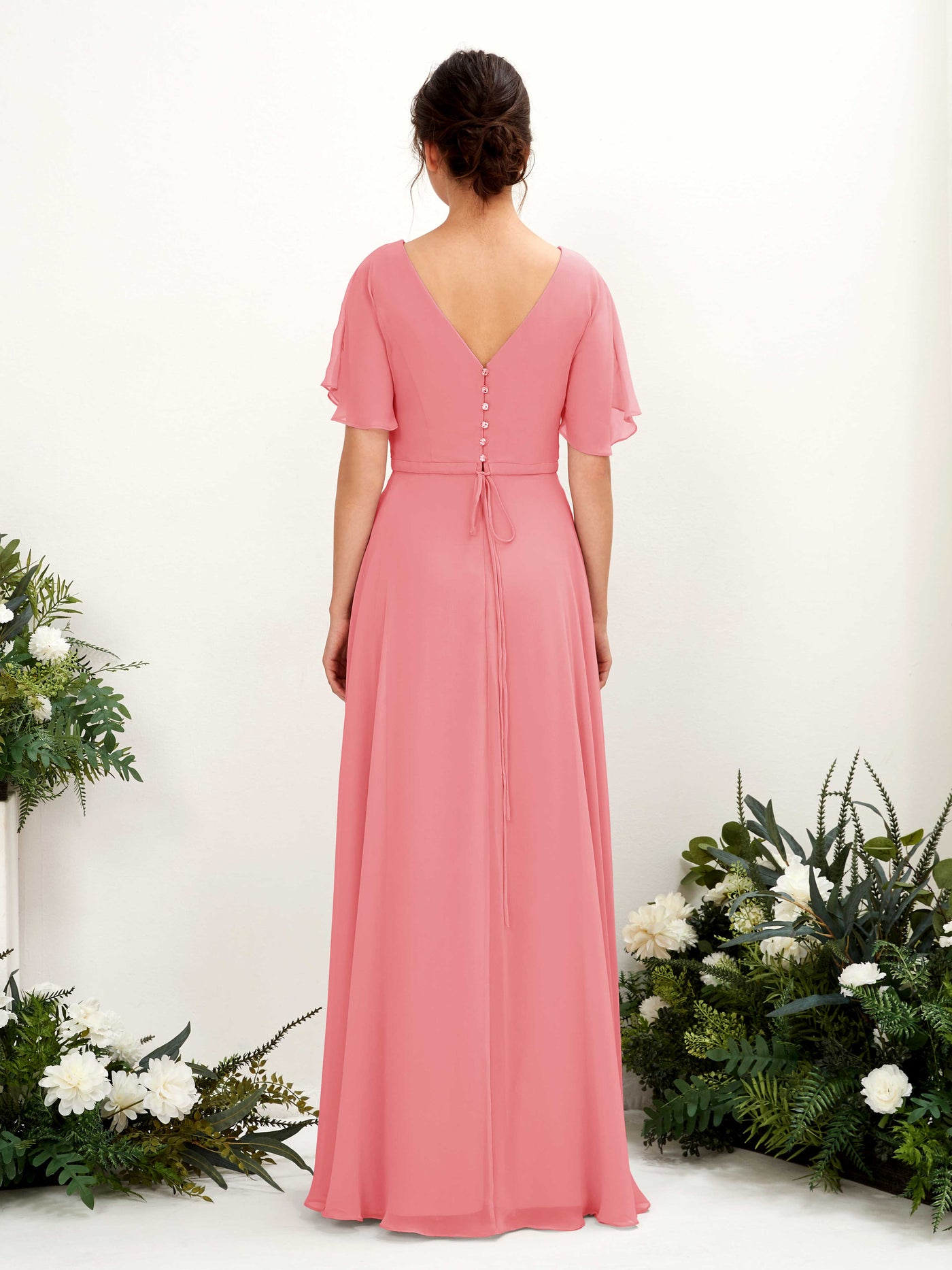 Carlyna Robe trapèze Col V Encolure croisée Manches papillon Longueur ras du sol Robes de demoiselle d'honneur Rose Corail #couleur_rose-corail
