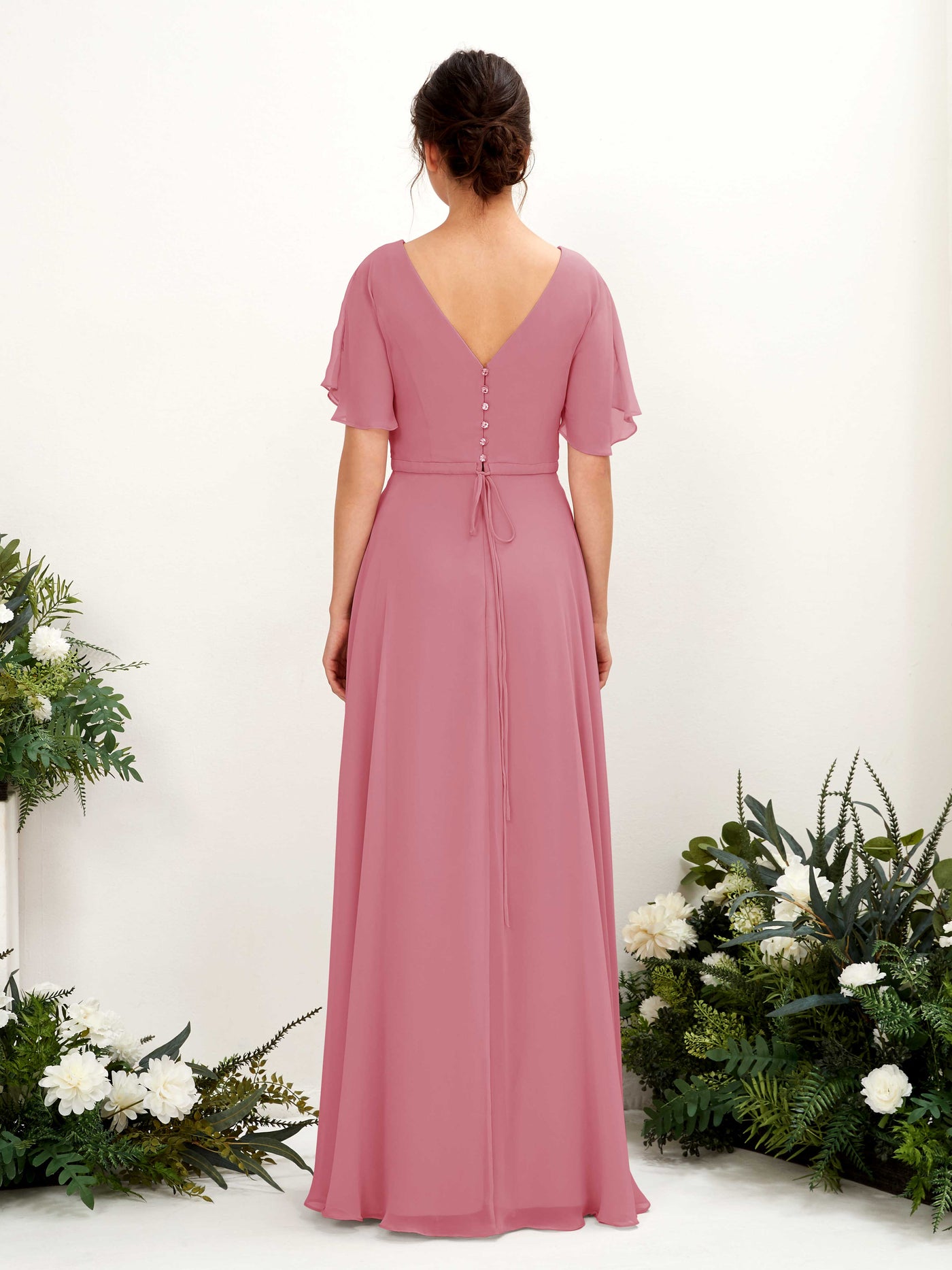 Carlyna Robe trapèze Col V Encolure croisée Manches papillon Longueur ras du sol Robes de demoiselle d'honneur Rose Du Désert #couleur_rose-du-d-sert