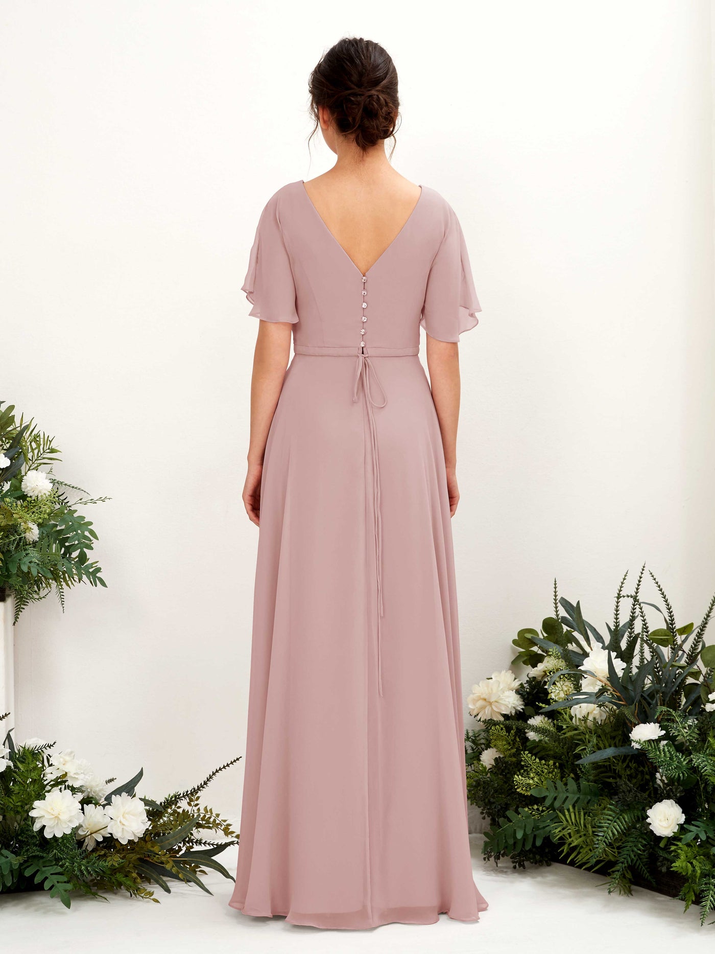 Carlyna Robe trapèze Col V Encolure croisée Manches papillon Longueur ras du sol Robes de demoiselle d'honneur Rose Poussiéreux #couleur_rose-poussi-reux