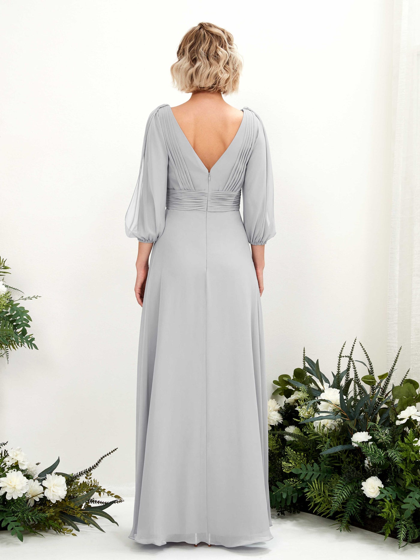 Carlyna Robe Trapèze Col V Encolure croisée Manches trois-quarts Longueur ras du sol Robes de demoiselle d'honneur Argent #couleur_argent