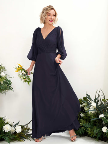 Carlyna Robe Trapèze Col V Encolure croisée Manches trois-quarts Longueur ras du sol Robes de demoiselle d'honneur Bleu Marine Foncé #couleur_bleu-marine-fonc