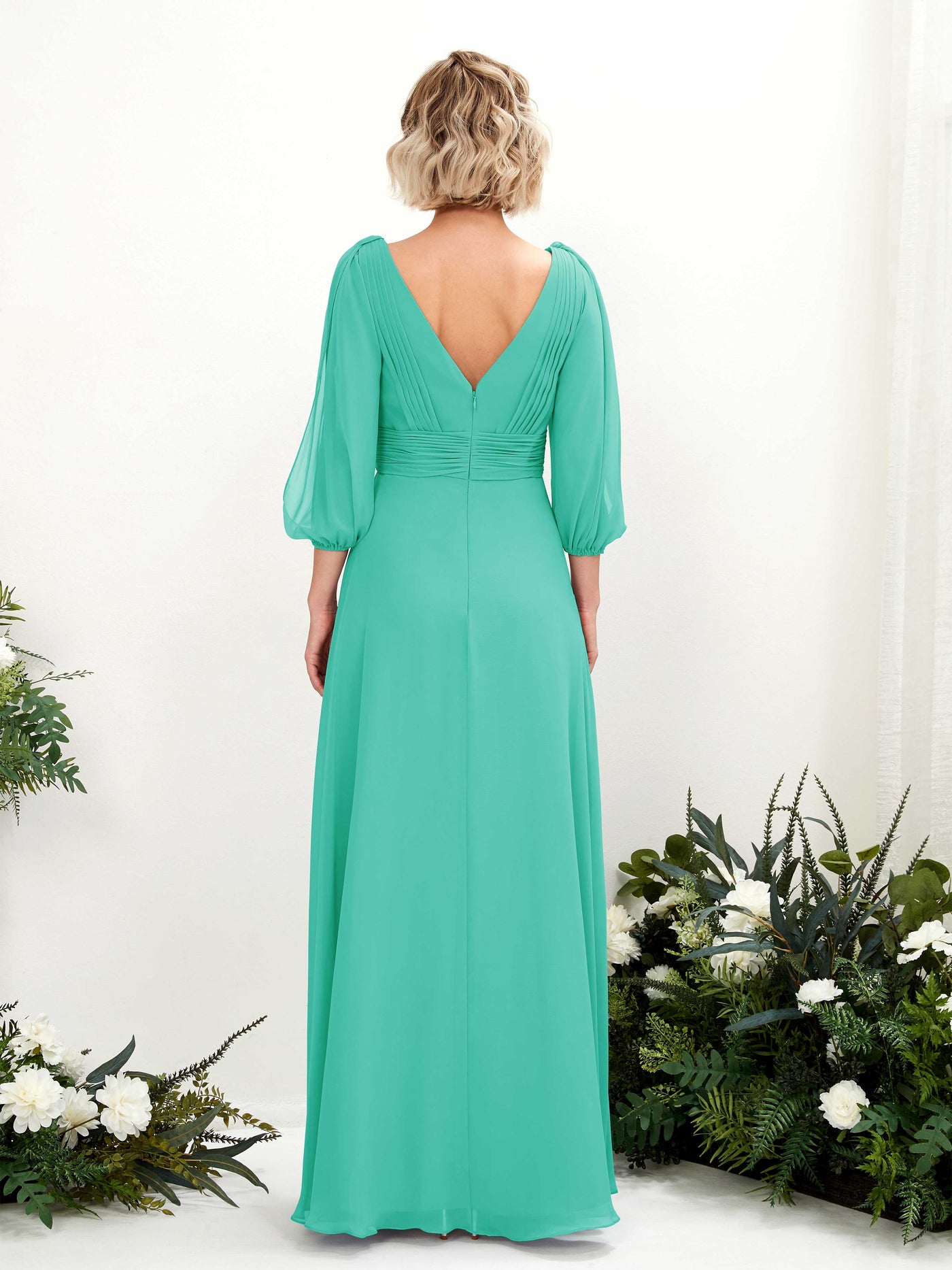 Carlyna Robe Trapèze Col V Encolure croisée Manches trois-quarts Longueur ras du sol Robes de demoiselle d'honneur Bleu Tiffany #couleur_bleu-tiffany