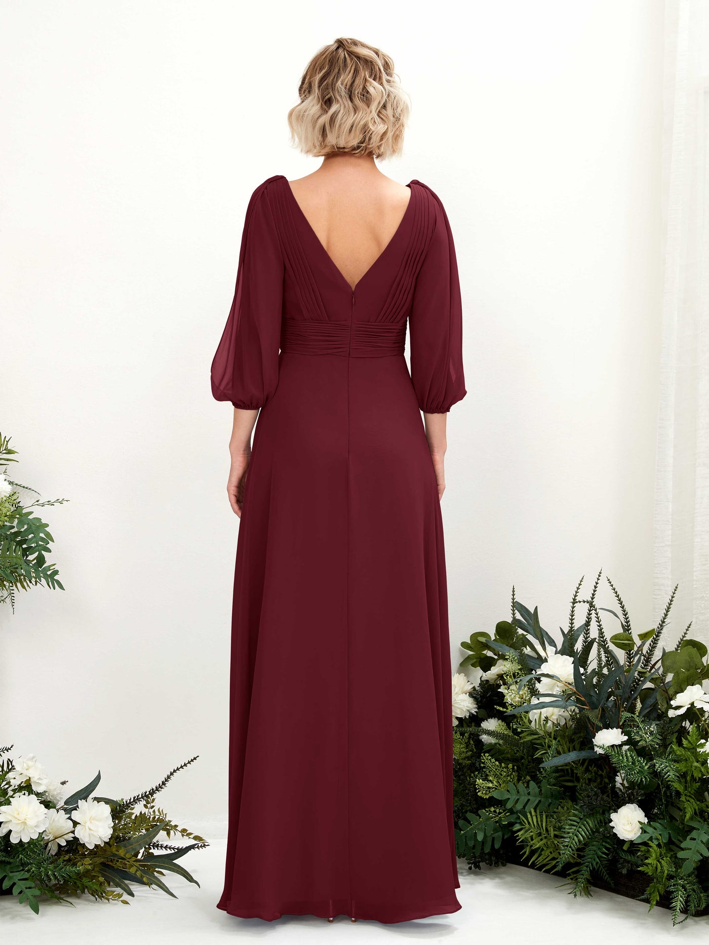 Carlyna Robe Trapèze Col V Encolure croisée Manches trois-quarts Longueur ras du sol Robes de demoiselle d'honneur Bordeaux #couleur_bordeaux