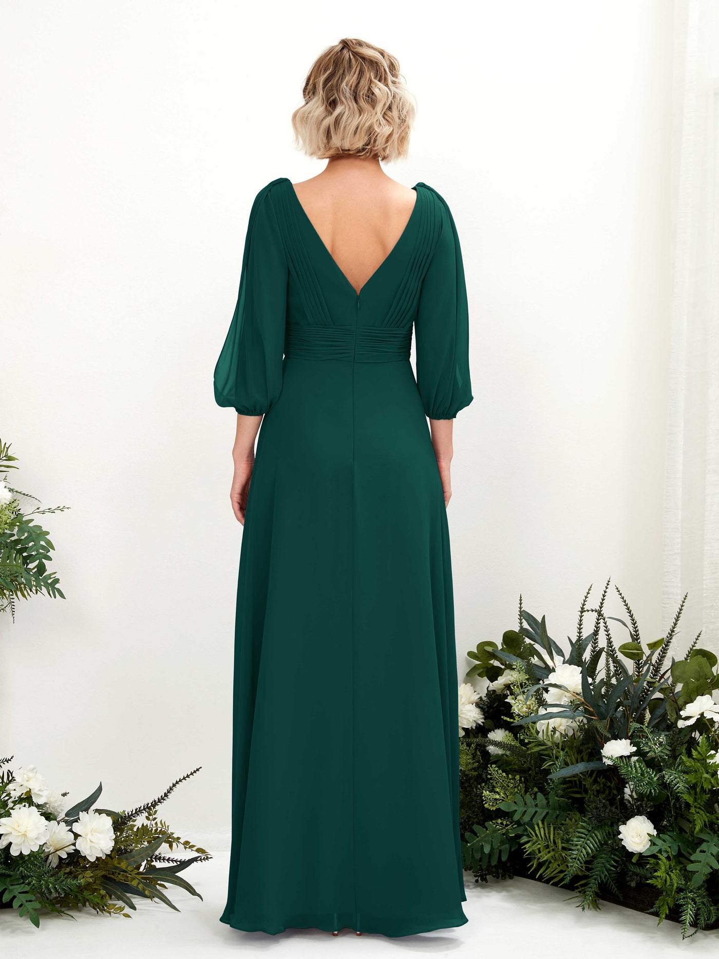 Carlyna Robe Trapèze Col V Encolure croisée Manches trois-quarts Longueur ras du sol Robes de demoiselle d'honneur Émeraude Foncé #couleur_meraude-fonc