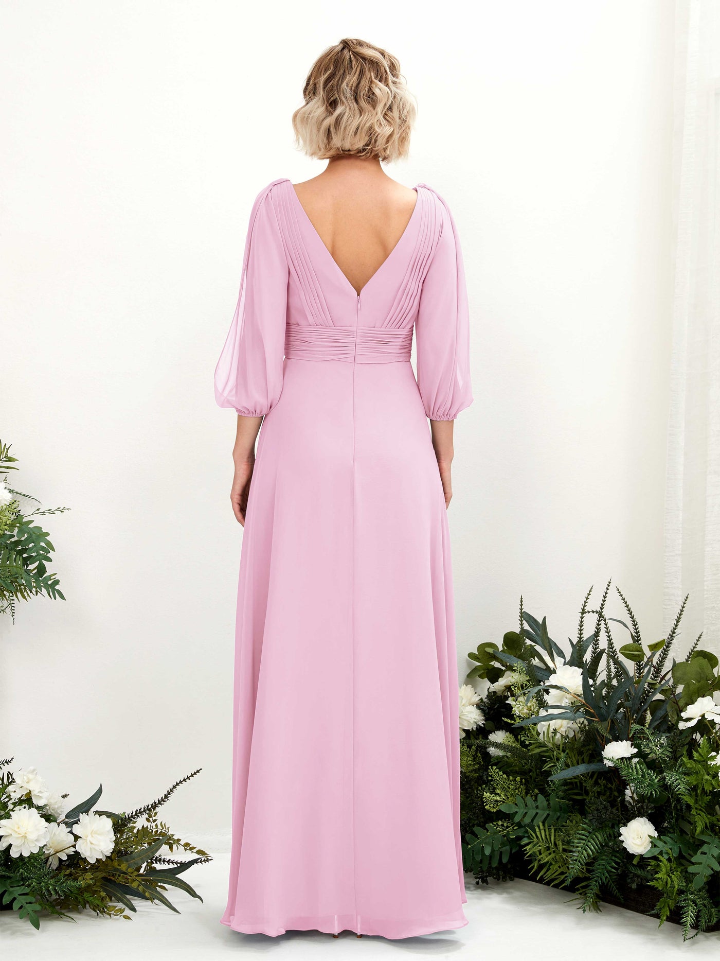 Carlyna Robe Trapèze Col V Encolure croisée Manches trois-quarts Longueur ras du sol Robes de demoiselle d'honneur Rose Bonbon #couleur_rose-bonbon