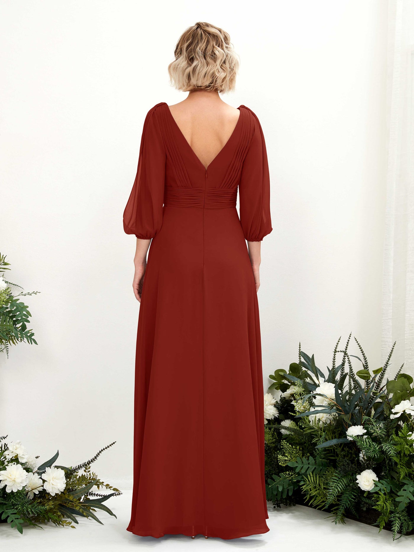 Carlyna Robe Trapèze Col V Encolure croisée Manches trois-quarts Longueur ras du sol Robes de demoiselle d'honneur Rouille #couleur_rouille