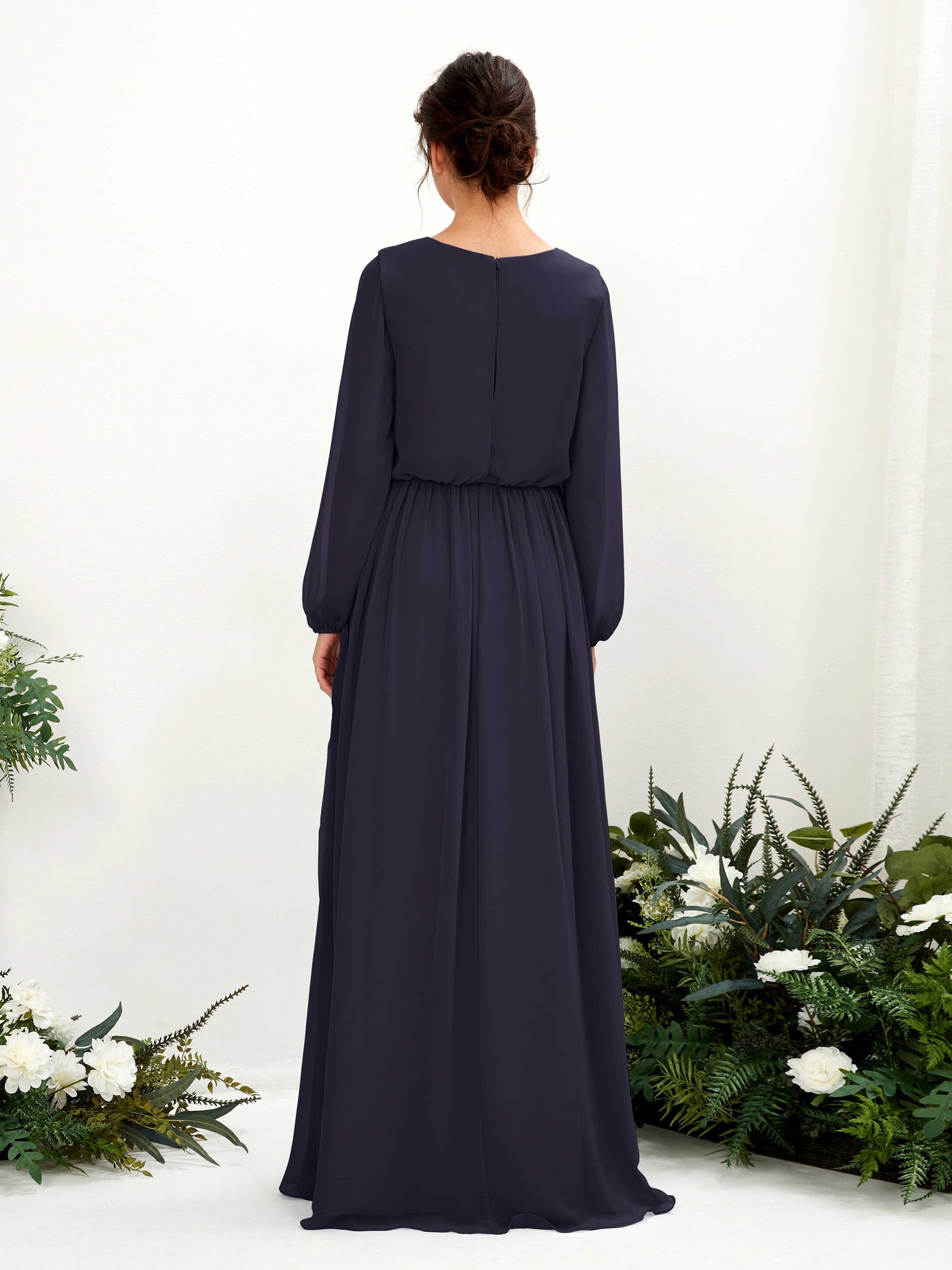 Carlyna Robe trapèze col V fente jambe manches longues longueur sol demoiselle d'honneur Bleu Marine Foncé #couleur_bleu-marine-fonc