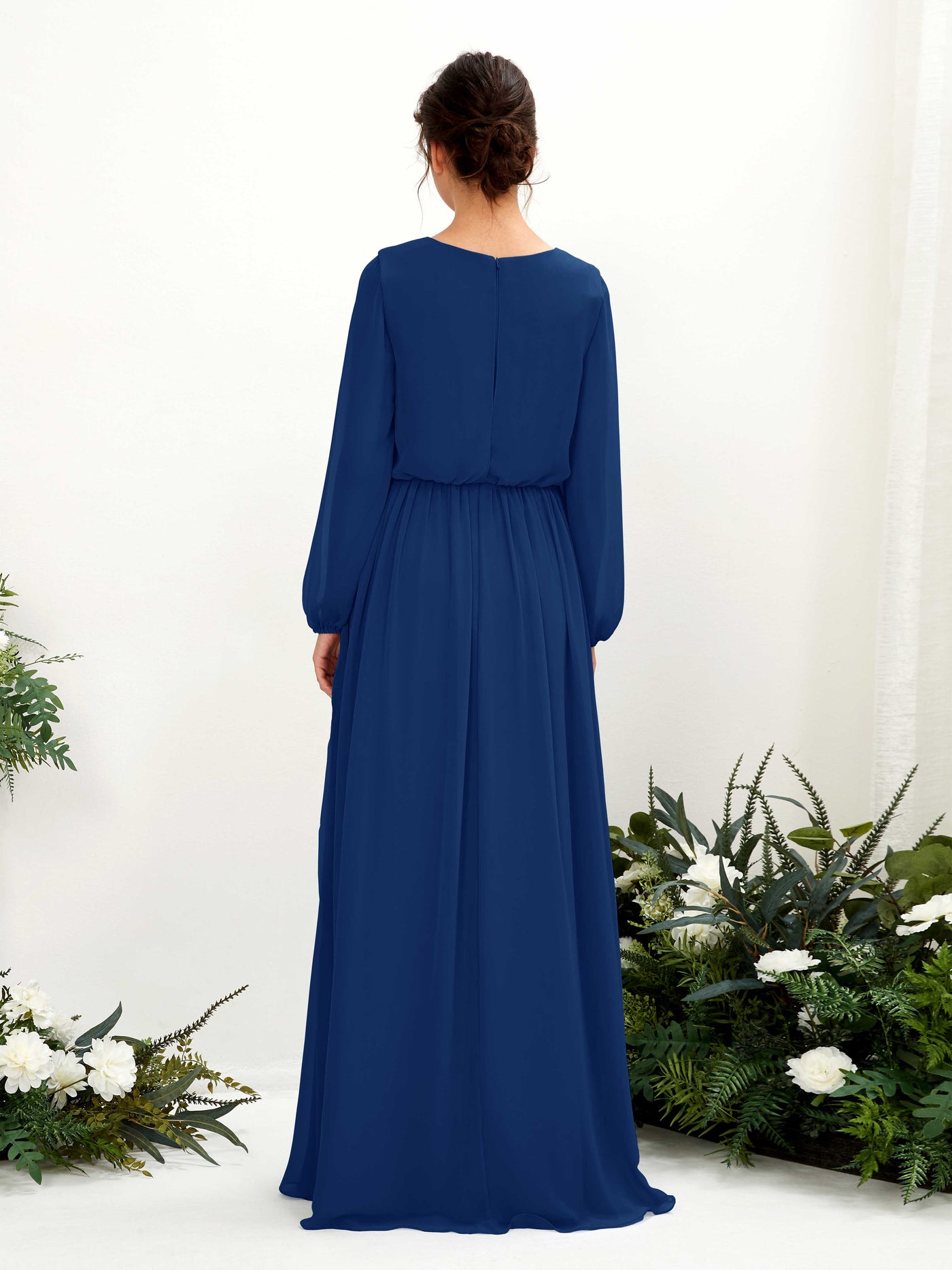 Carlyna Robe trapèze col V fente jambe manches longues longueur sol demoiselle d'honneur Bleu Roi #couleur_bleu-roi