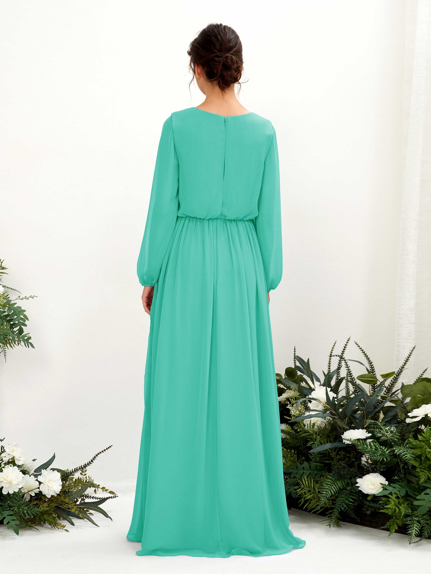 Carlyna Robe trapèze col V fente jambe manches longues longueur sol demoiselle d'honneur Bleu Tiffany #couleur_bleu-tiffany