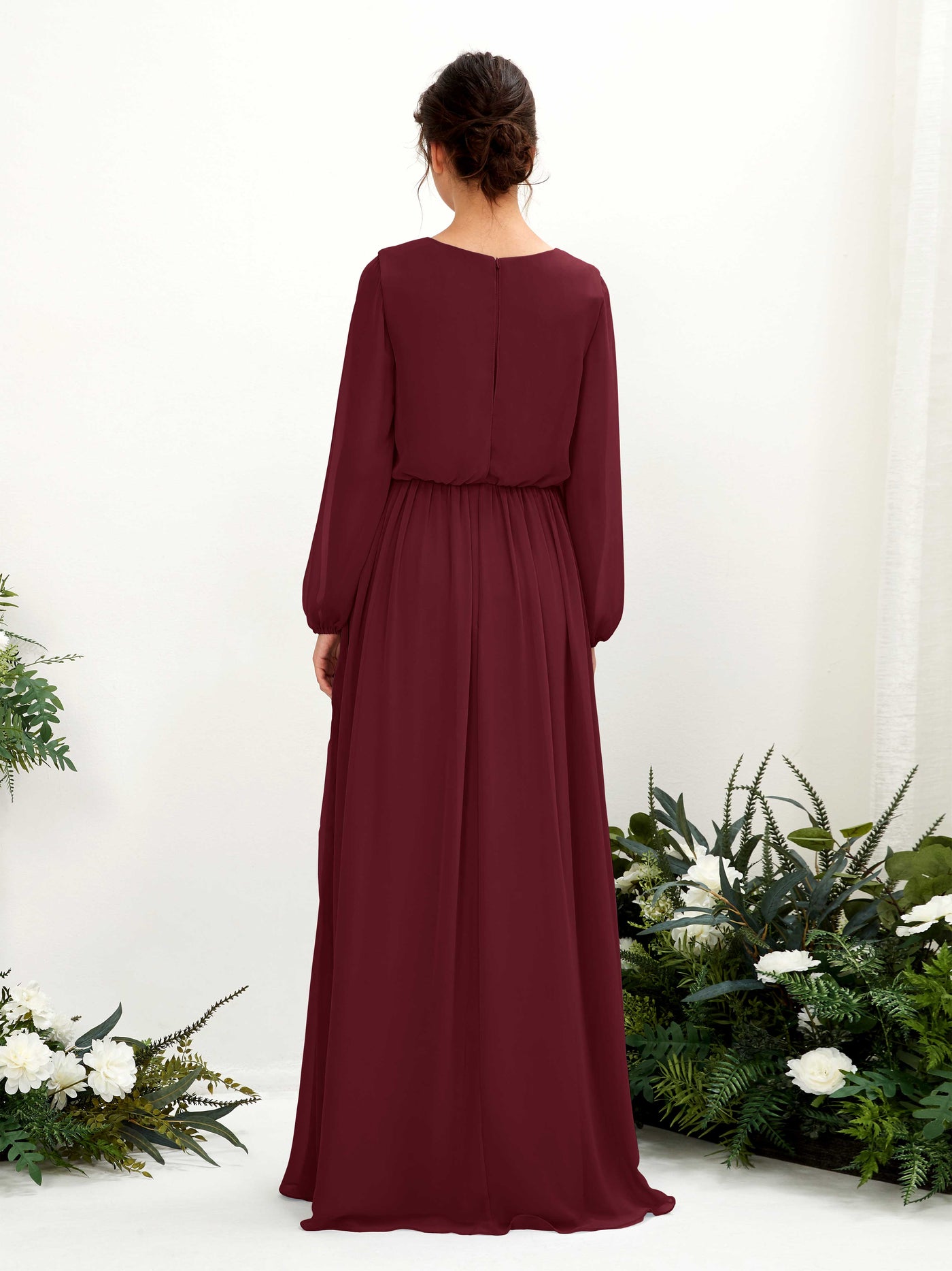 Carlyna Robe trapèze col V fente jambe manches longues longueur sol demoiselle d'honneur Bordeaux #couleur_bordeaux