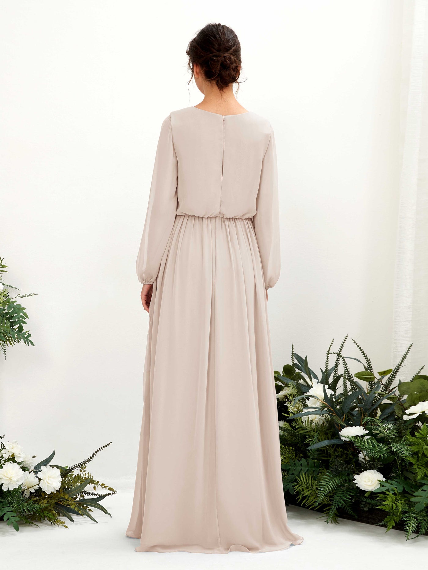 Carlyna Robe trapèze col V fente jambe manches longues longueur sol demoiselle d'honneur Champagne #couleur_champagne