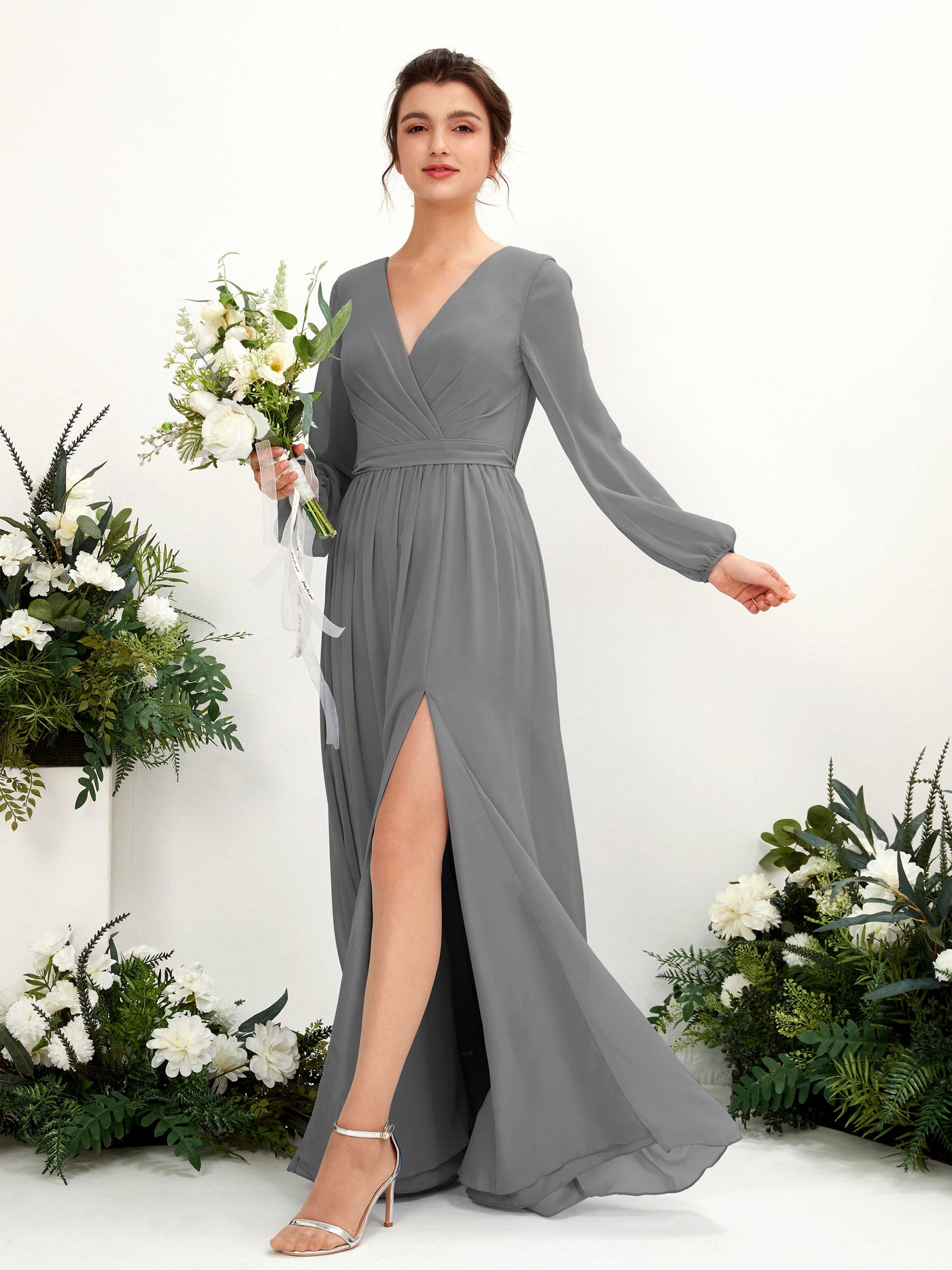 Carlyna Robe trapèze col V fente jambe manches longues longueur sol demoiselle d'honneur Gris Acier #couleur_gris-acier
