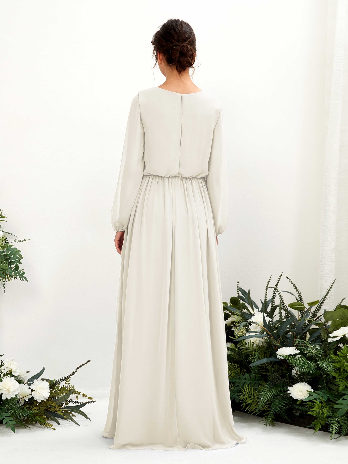 Carlyna Robe trapèze col V fente jambe manches longues longueur sol demoiselle d'honneur Ivoire #couleur_ivoire