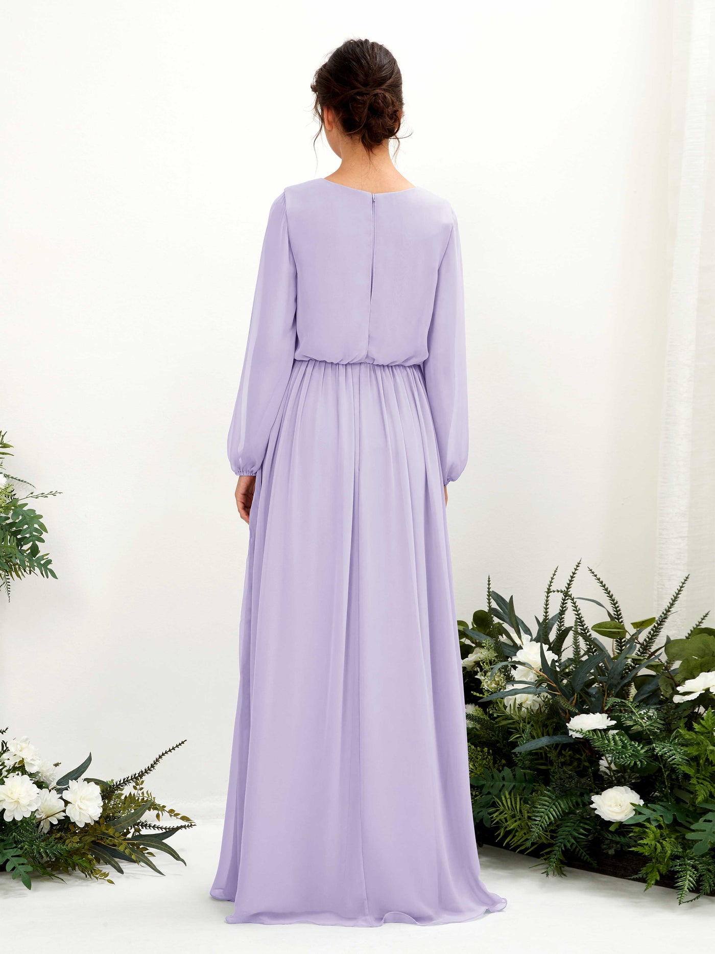 Carlyna Robe trapèze col V fente jambe manches longues longueur sol demoiselle d'honneur Lilas #couleur_lilas
