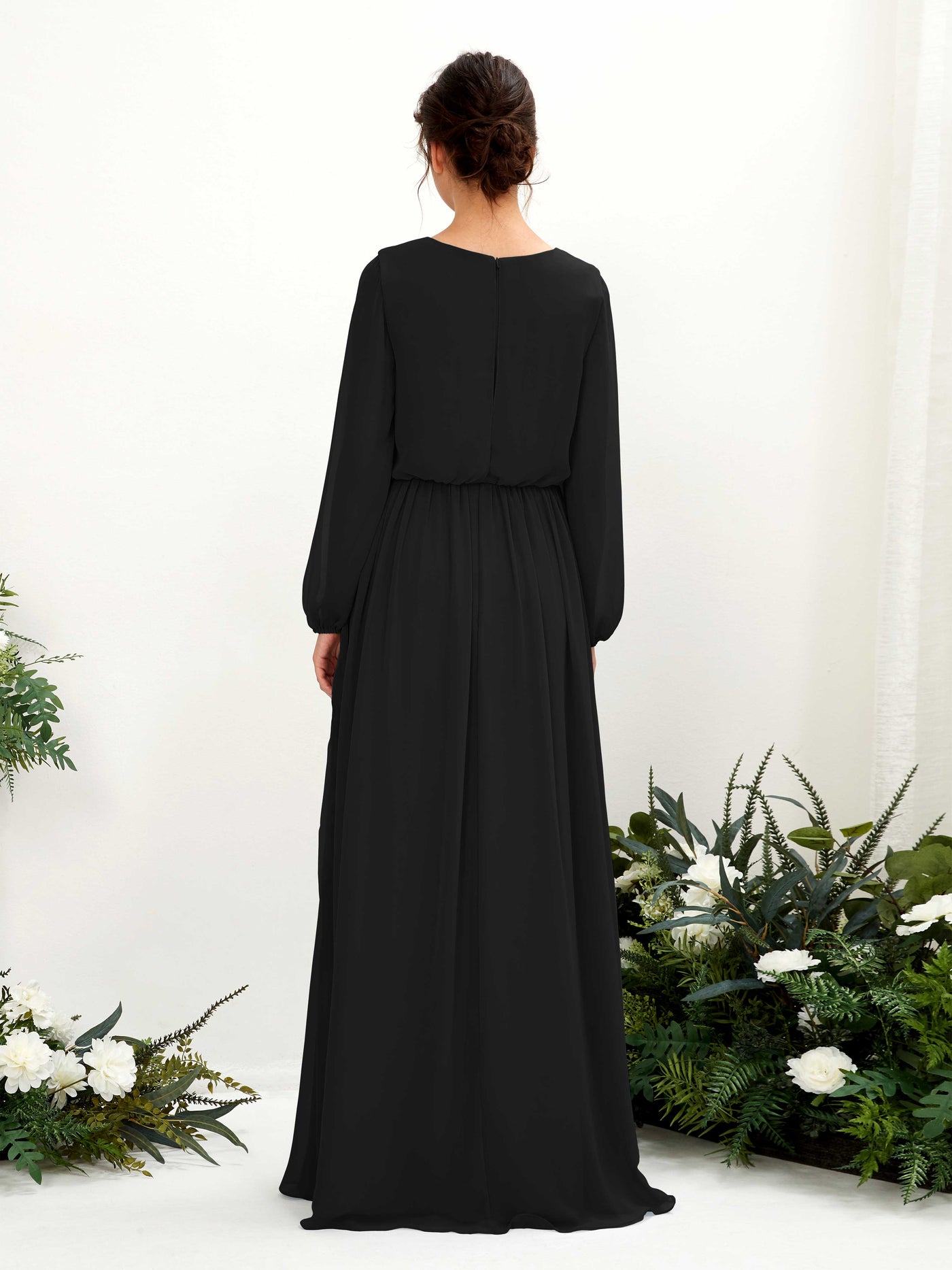Carlyna Robe trapèze col V fente jambe manches longues longueur sol demoiselle d'honneur Noir #couleur_noir