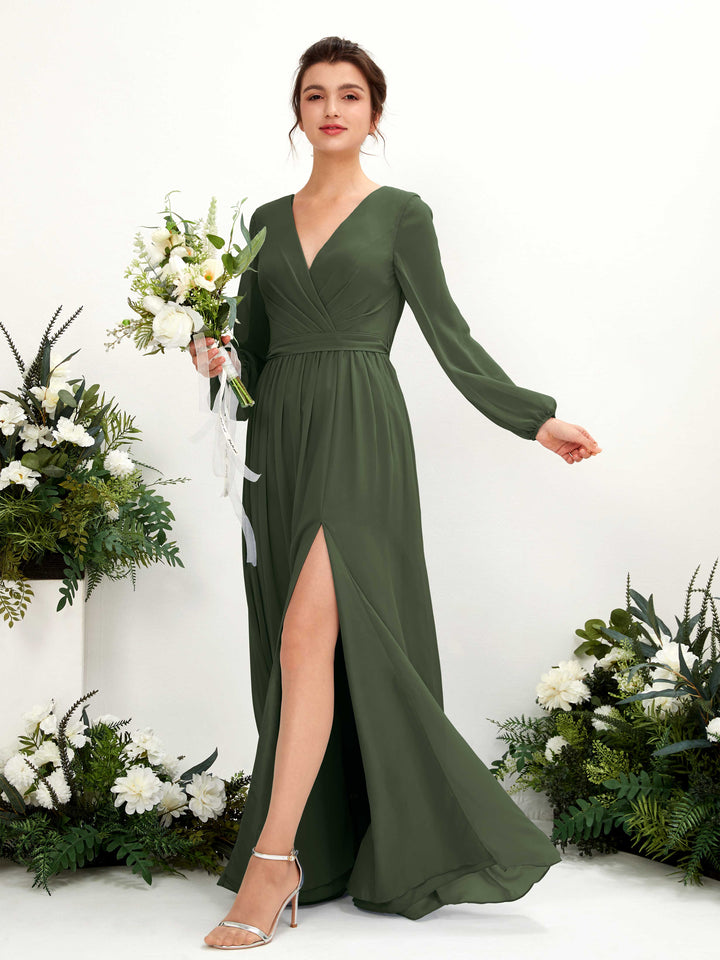 Carlyna Robe trapèze col V fente jambe manches longues longueur sol demoiselle d&